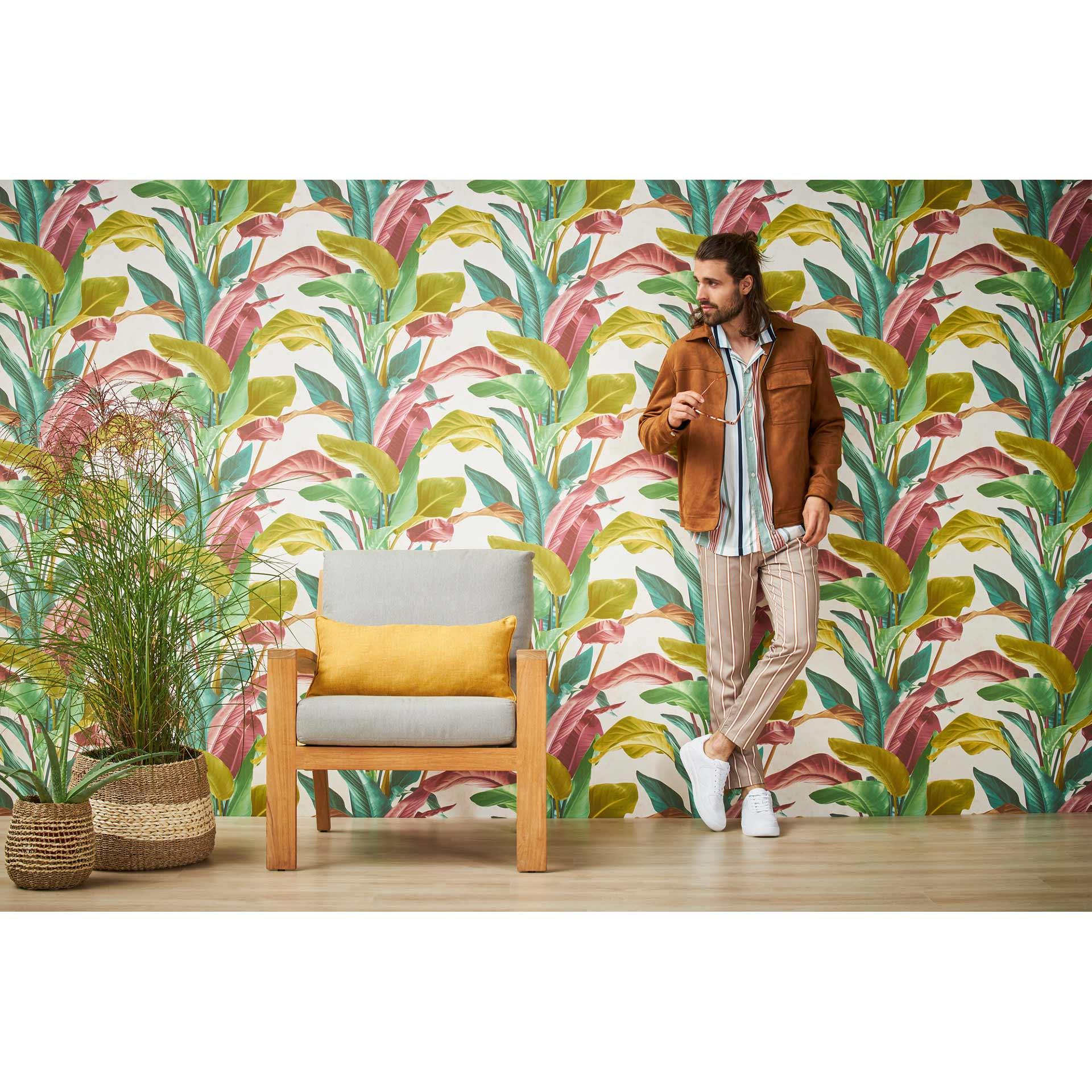 Papel pintado tejido-no tejido Livingwalls Papel pintado de palmeras Metropolitan Stories Antonio Barcelona colorido, crema