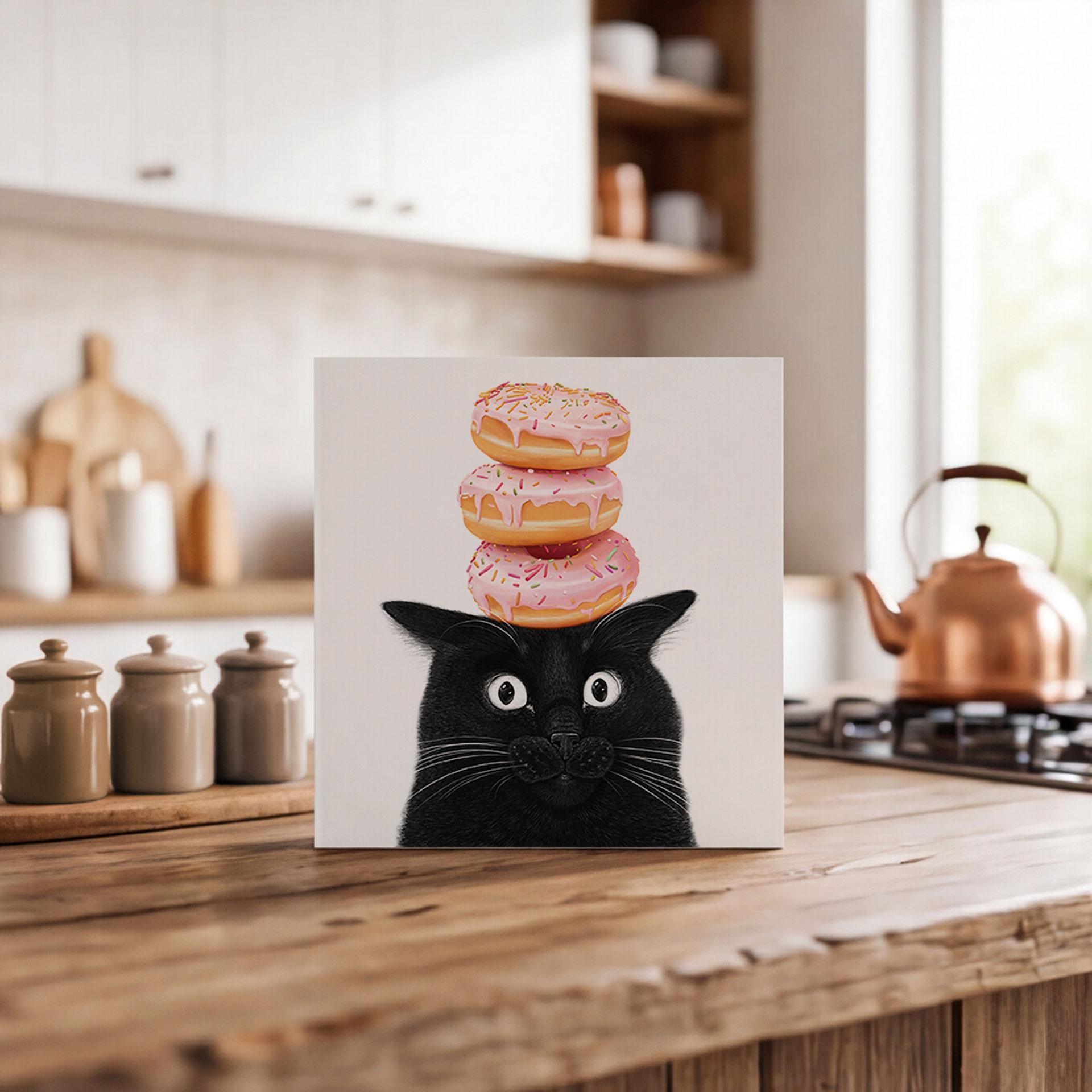 Billede af træ til opstilling Sort kat med lyserøde donuts - Korenkova