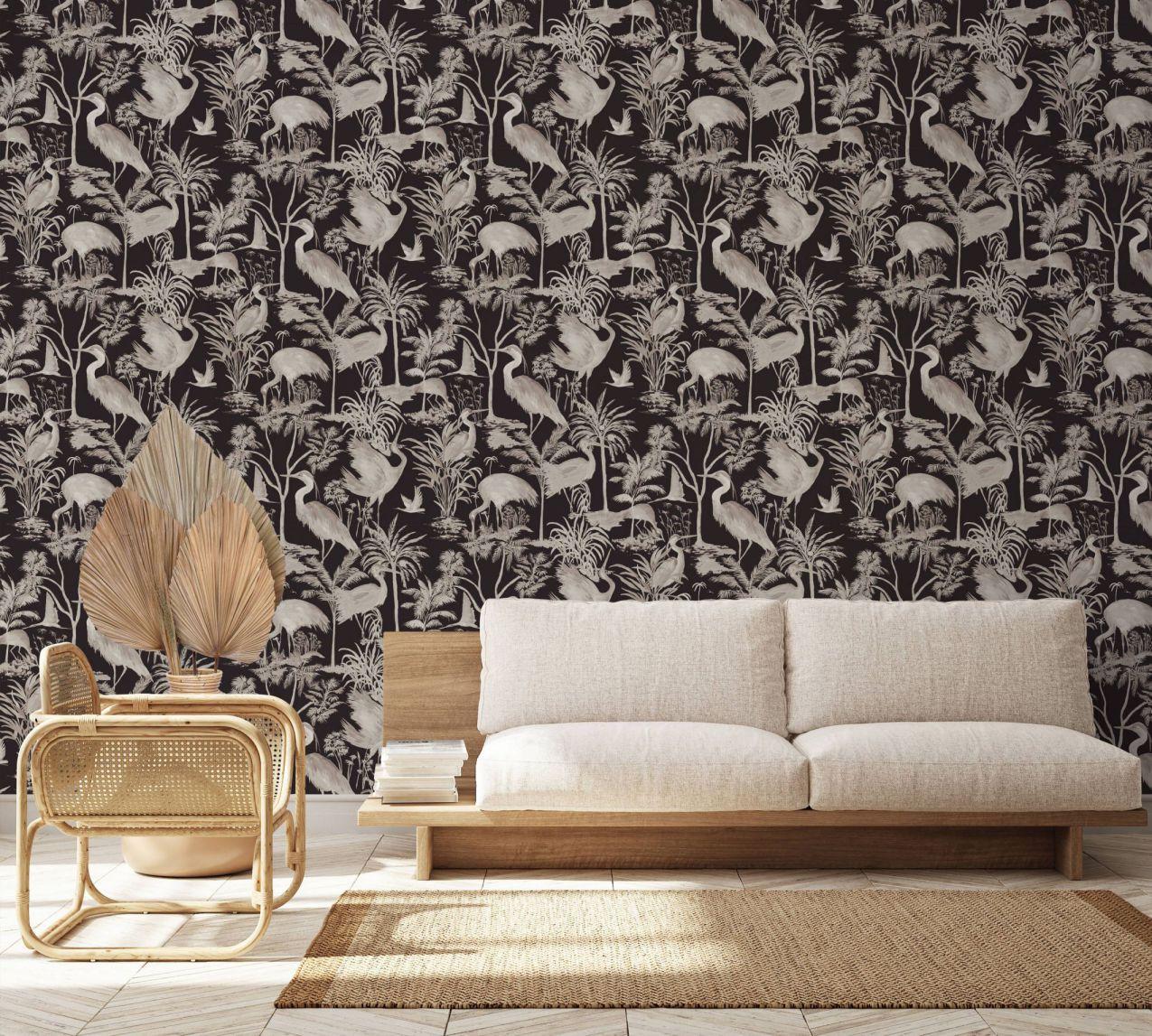 Bloemen behang vliesbehang Spirit of Jungle zwart, grijs
