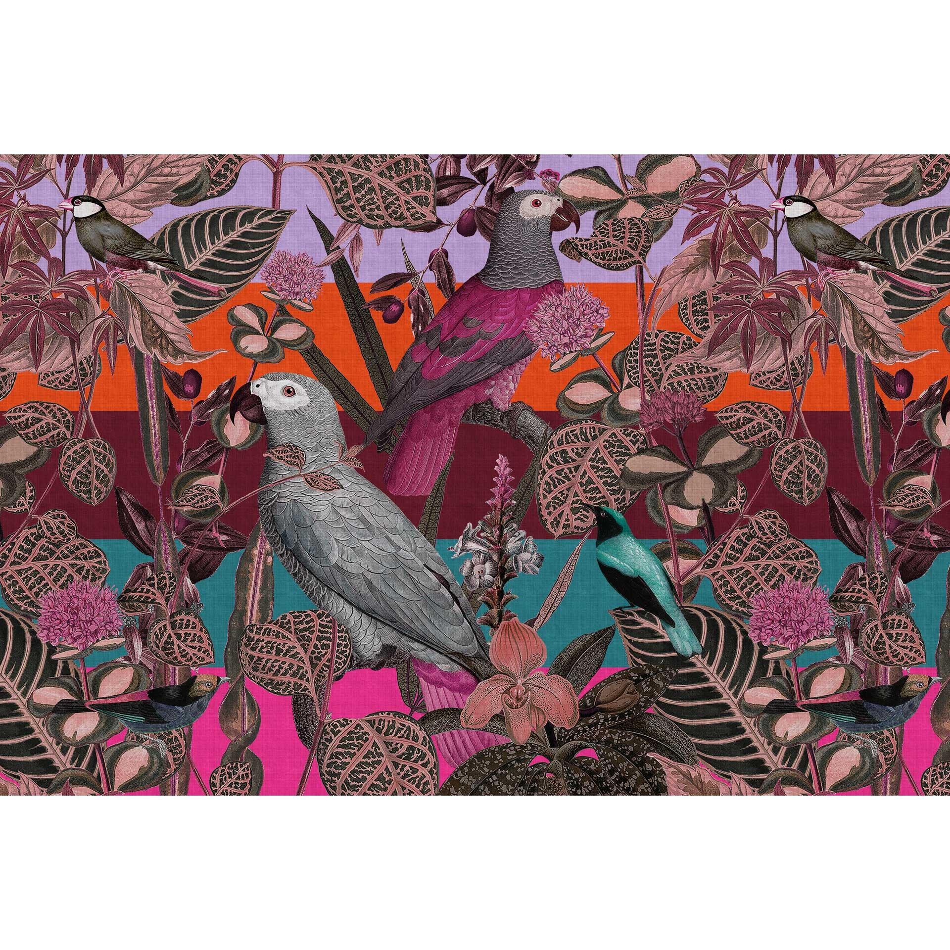 Exotisch papegaai behang - levendige jungle flora op robijnrood