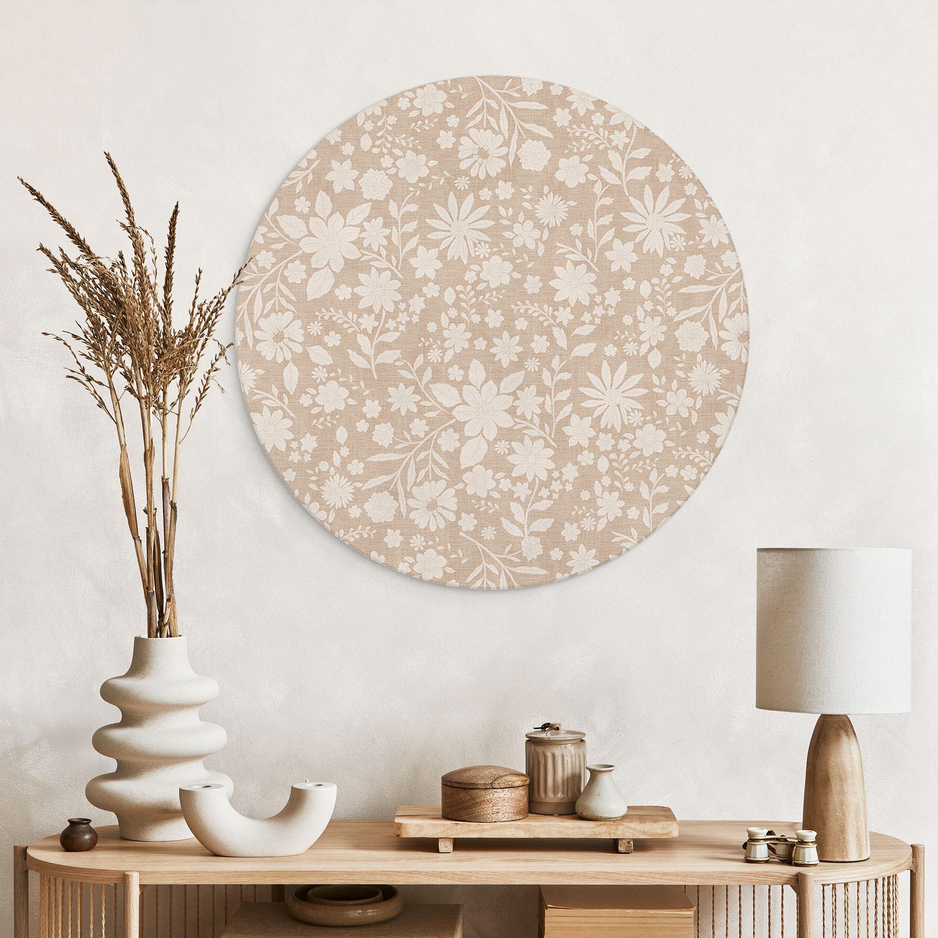 Billede af vintage blomster i linnedlook - Bloomery Decor - rund – print på aluminium (Alu-Dibond)
