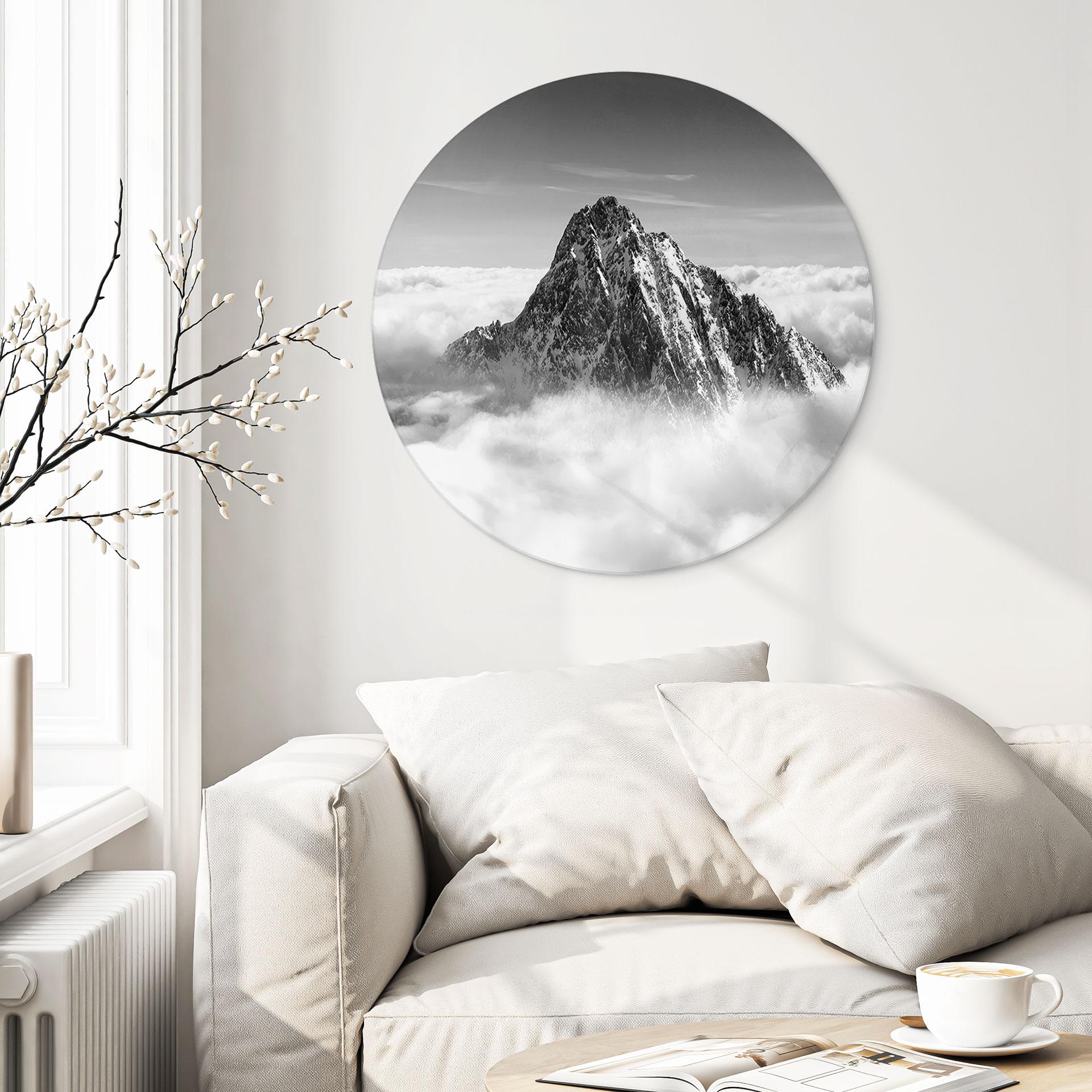 Wandbild Bergspitze über den weißen Wolken - Alu-Dibond - Rund