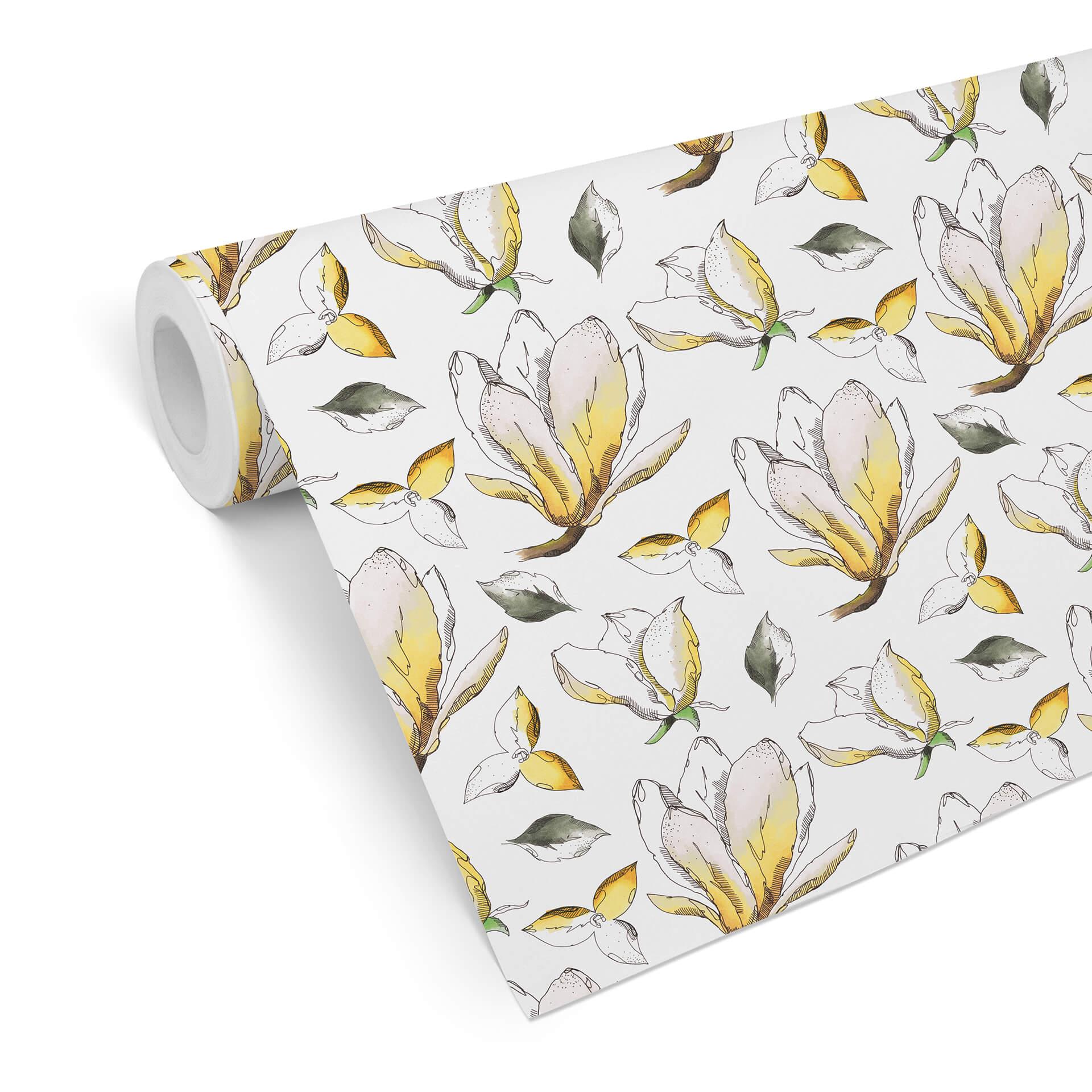 Tapet med mønster - illustrerede blomster - gul