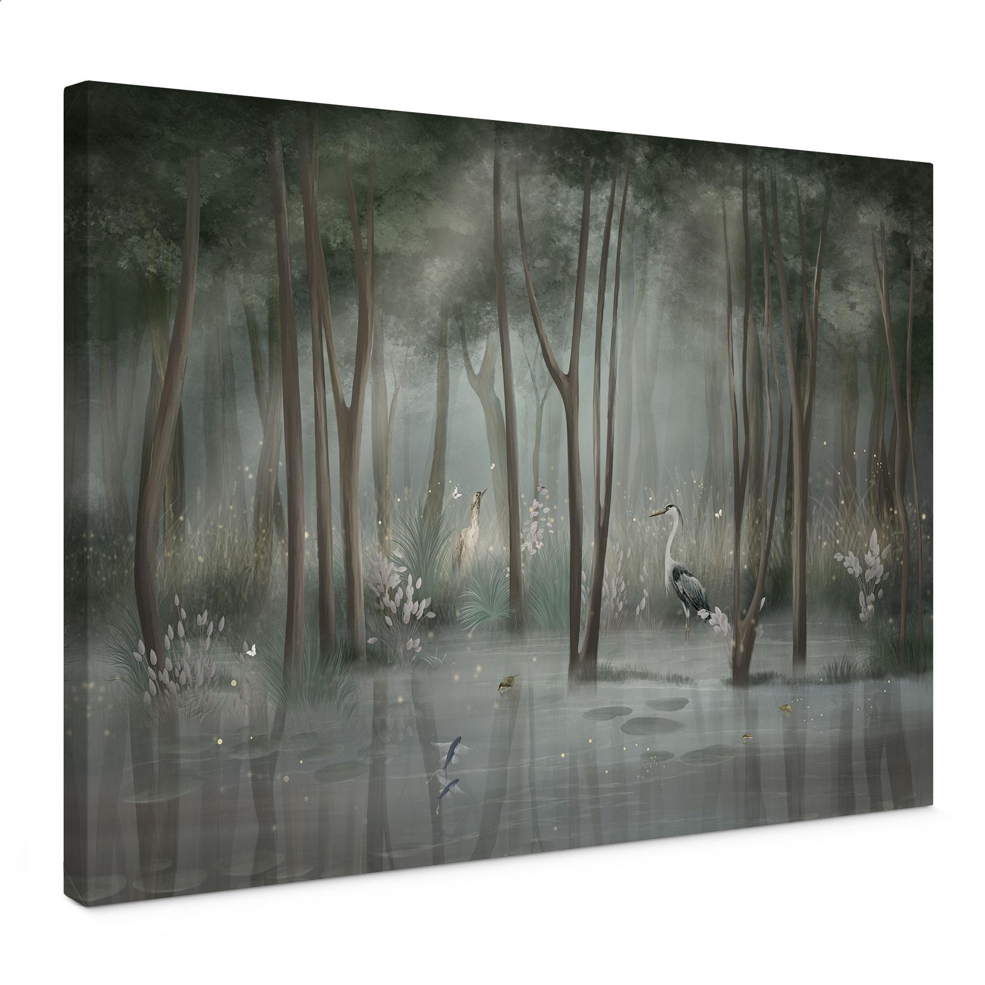 Canvas schilderij Wolkenbos aan het meer met reiger in het groen - Ms Tiff
