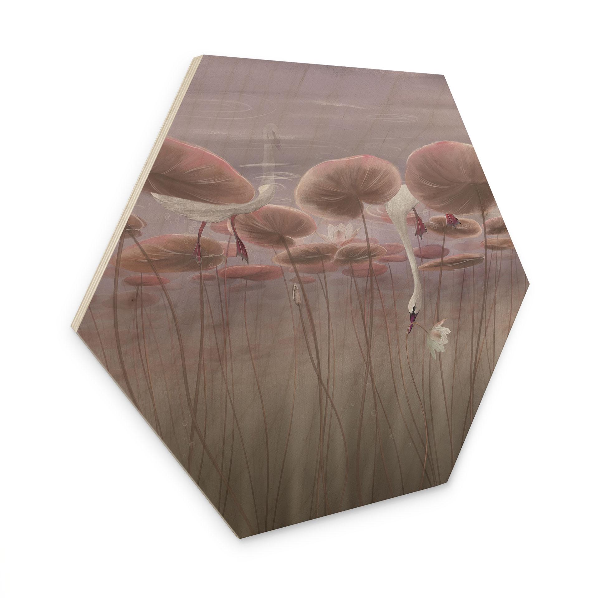 Houten Wanddecoratie zeshoekig lotusbloemen met zwaan in water in donkerroze - Ms Tiff