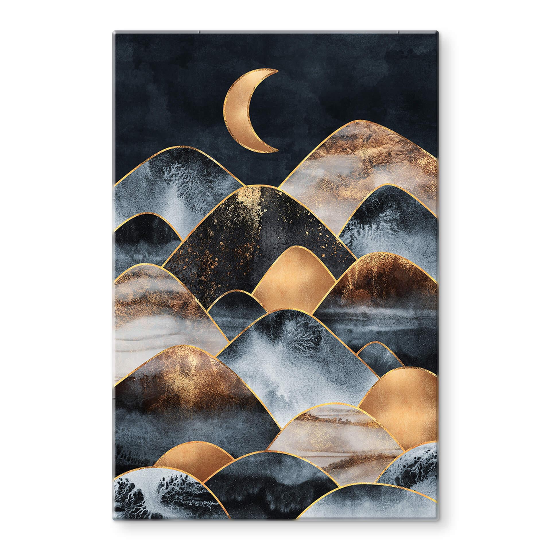 Tableau sur verre Fredriksson - Montagnes au clair de lune doré