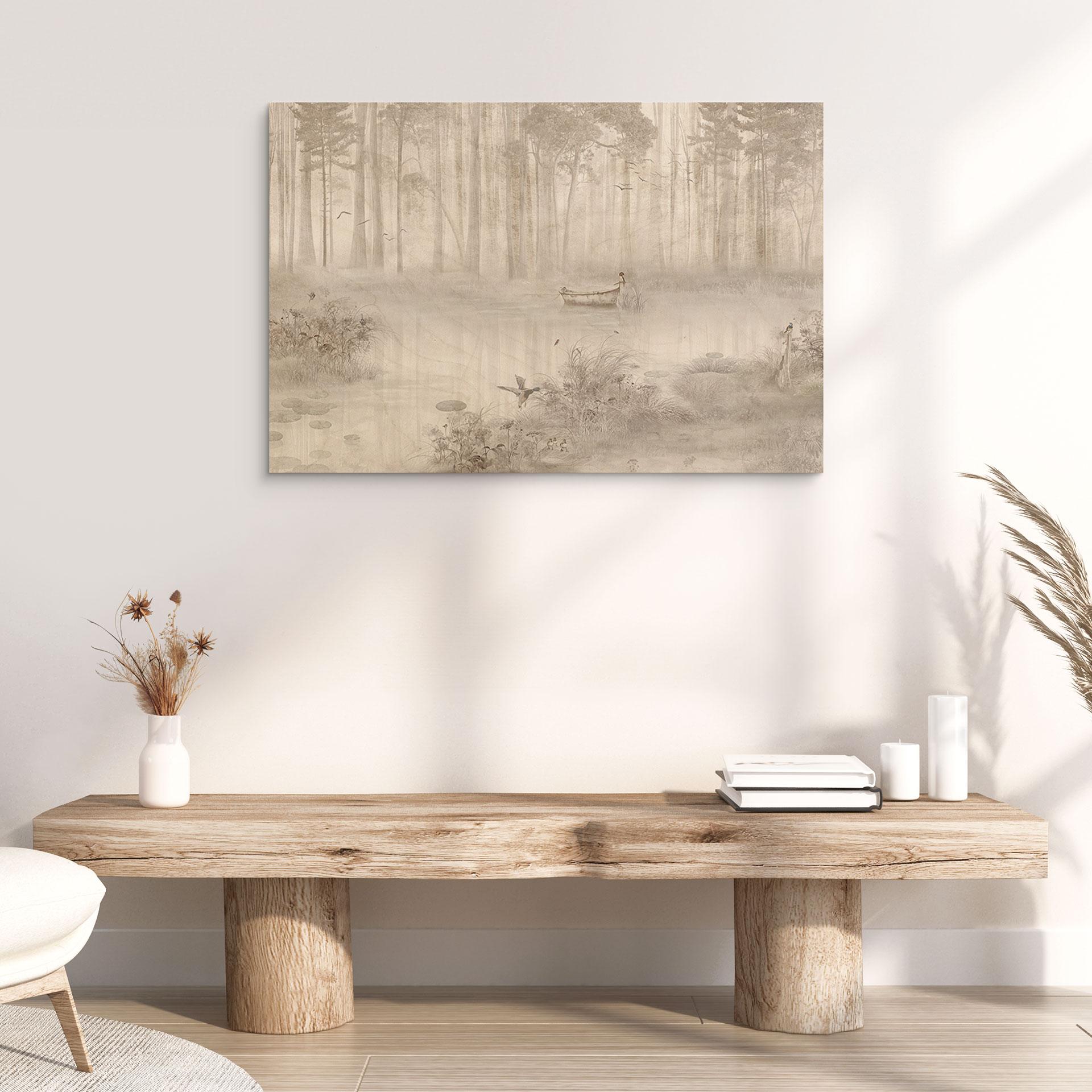 Holzbild Wald am See im Nebel in Beige - Ms Tiff