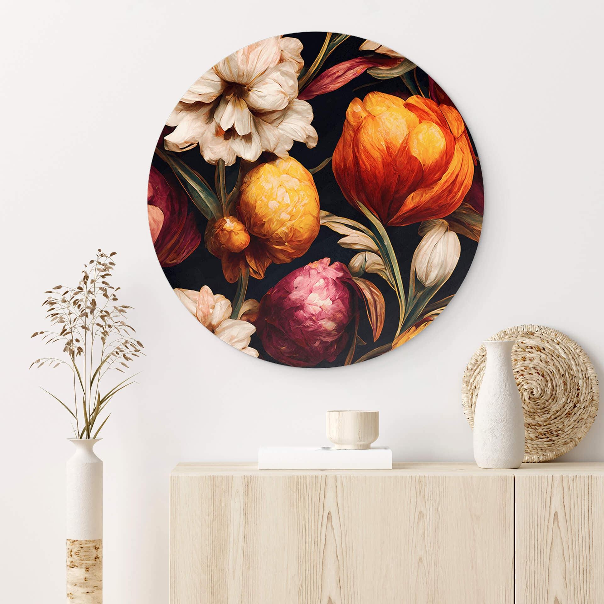 Vægcirkel Blomsterbægre i okker og rosa - Treechild – print på aluminium (Alu-Dibond)