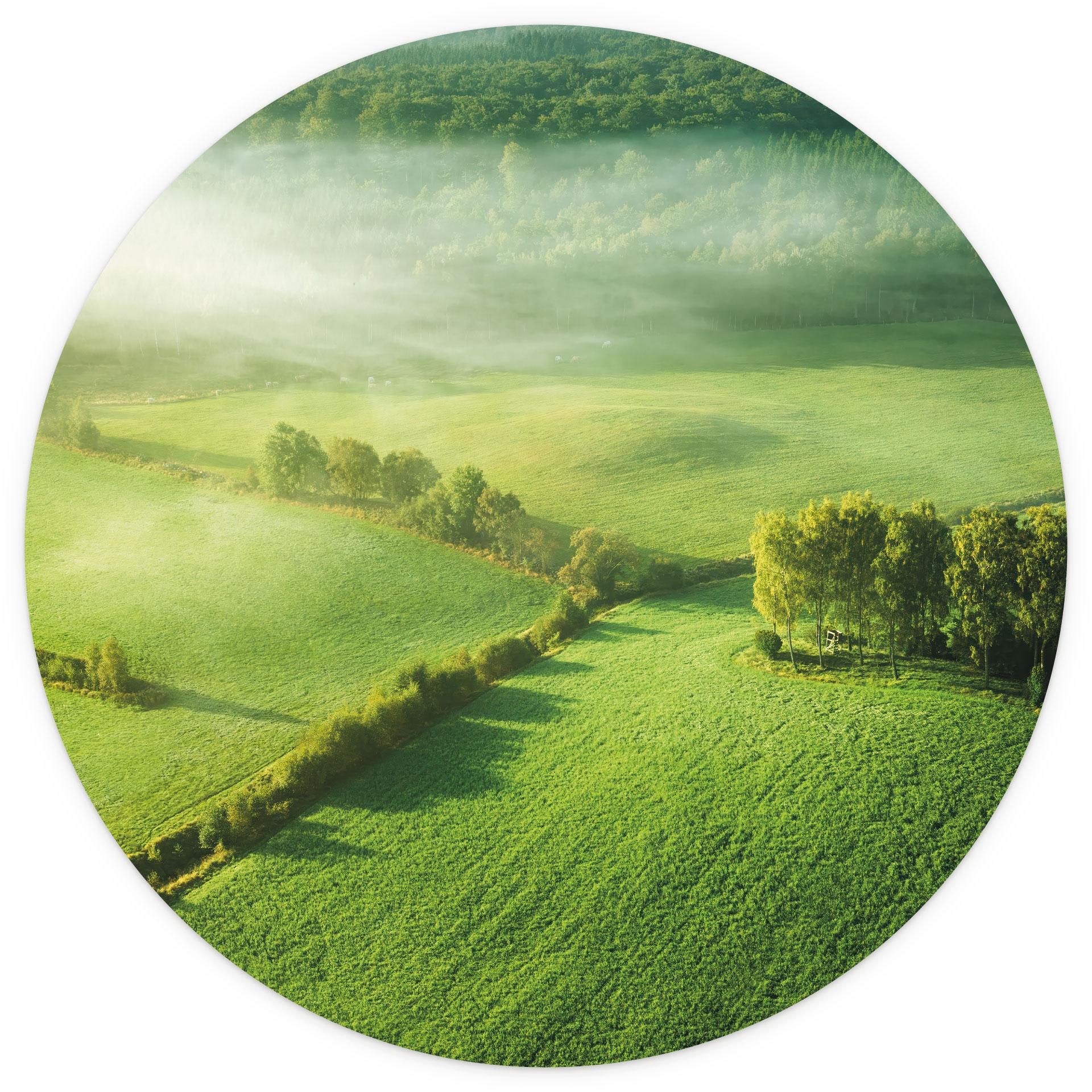 Fotobehang Landschap - Idyllische velden in de mist - Kelder - Rond - vliesbehang/zelfklevend vliesb