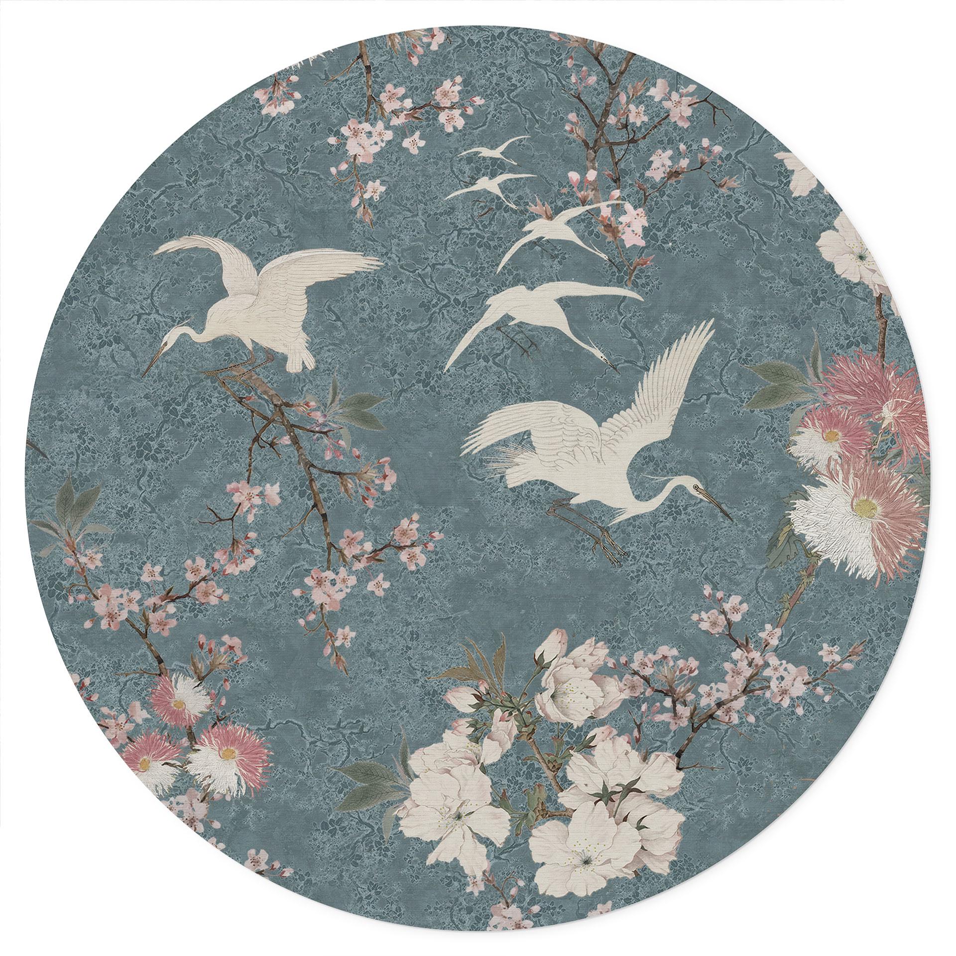 Muursticker Kraanvogels in kersenbloesem waanzinnig blauw - Bloemdecor - Rond