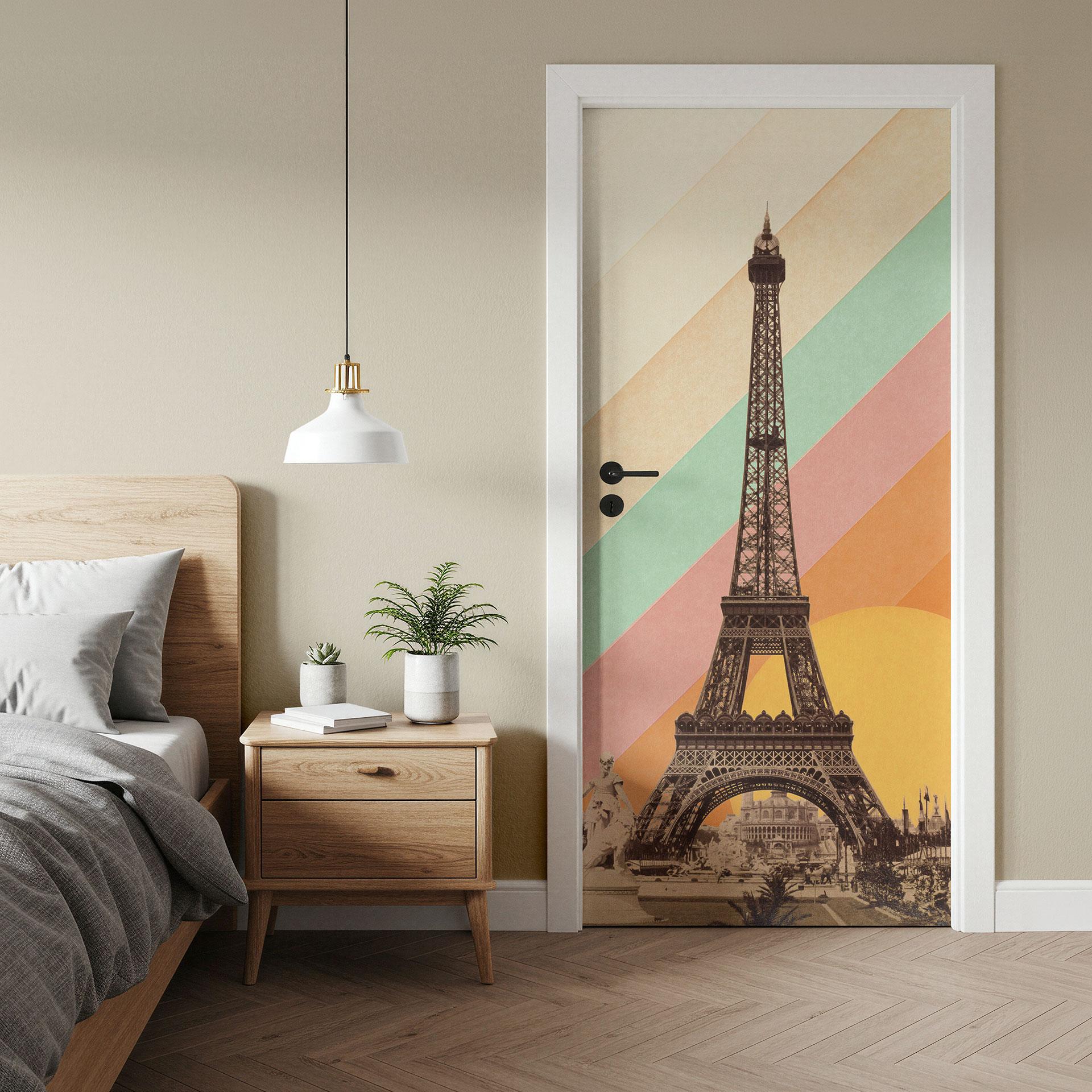 Vinilo para puerta Torre Eiffel retro con arco iris - Bodart - Decoración autoadhesiva para puertas