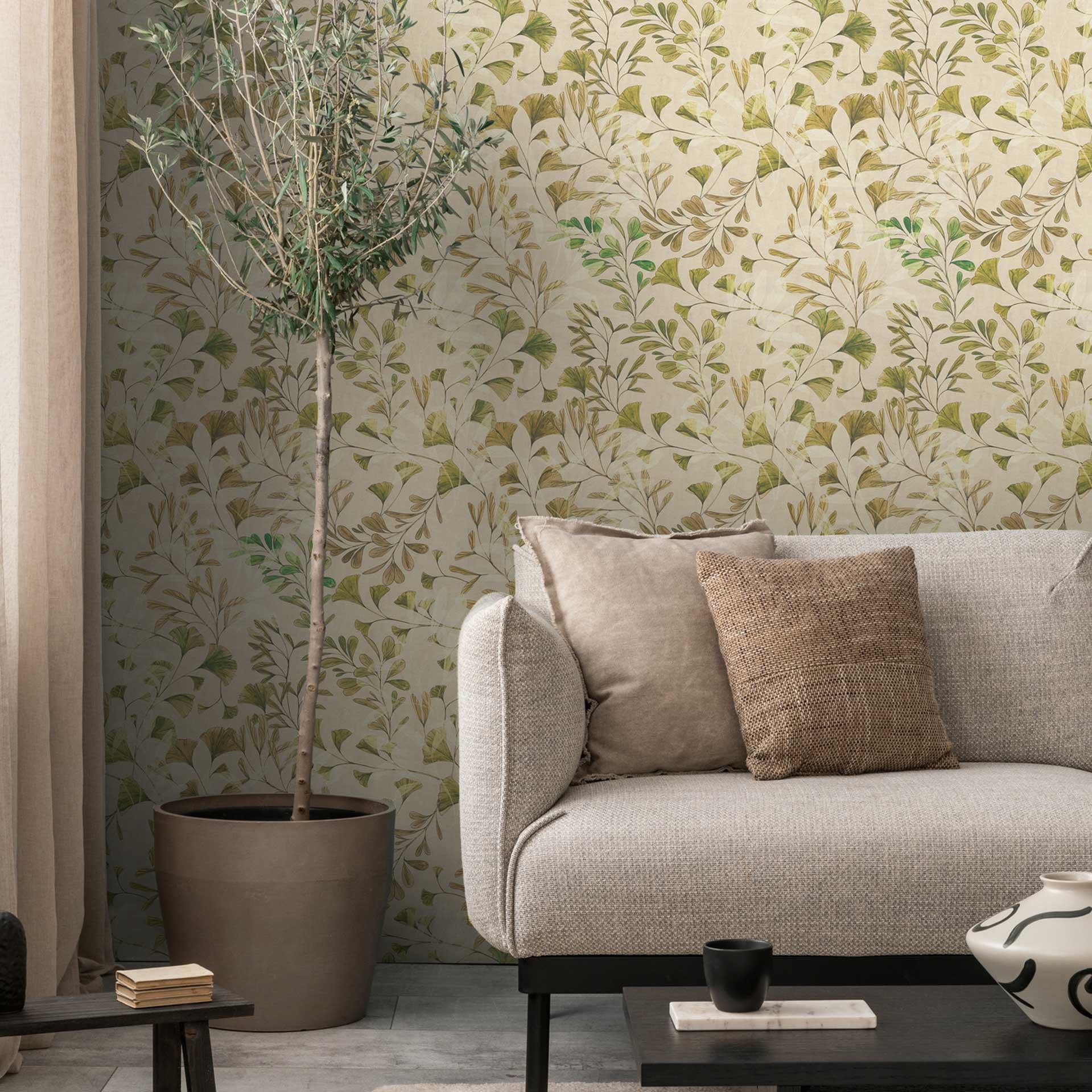 Ginkgo natur cremefarvet bladtapet - Ikke-vævet tapet med bløde grønne toner - moderne og elegant
