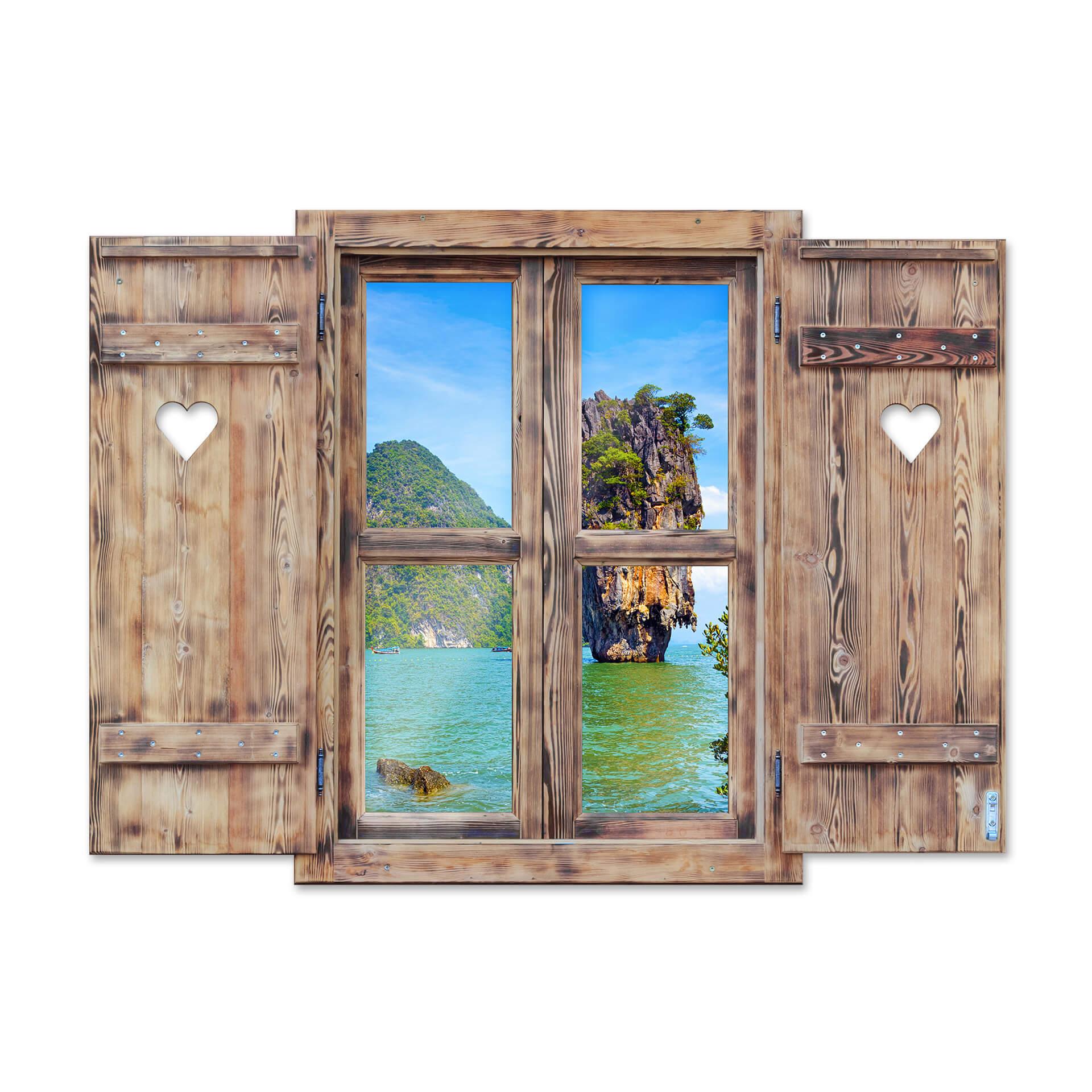 adesivo murale 3D con finestra in legno con cuore - Isola di Khao Ta Pu