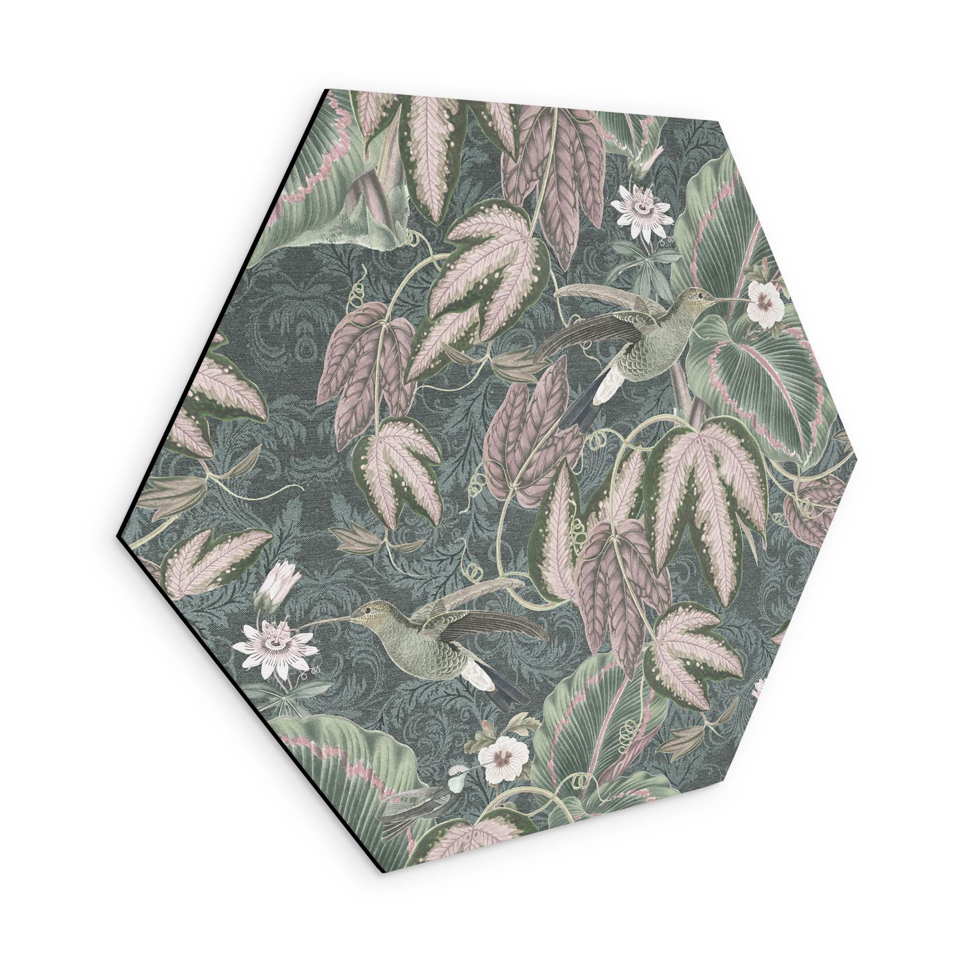 Sekskantet billede Kolibri i en tropisk skov - Bloomery Decor - Alu-Dibond