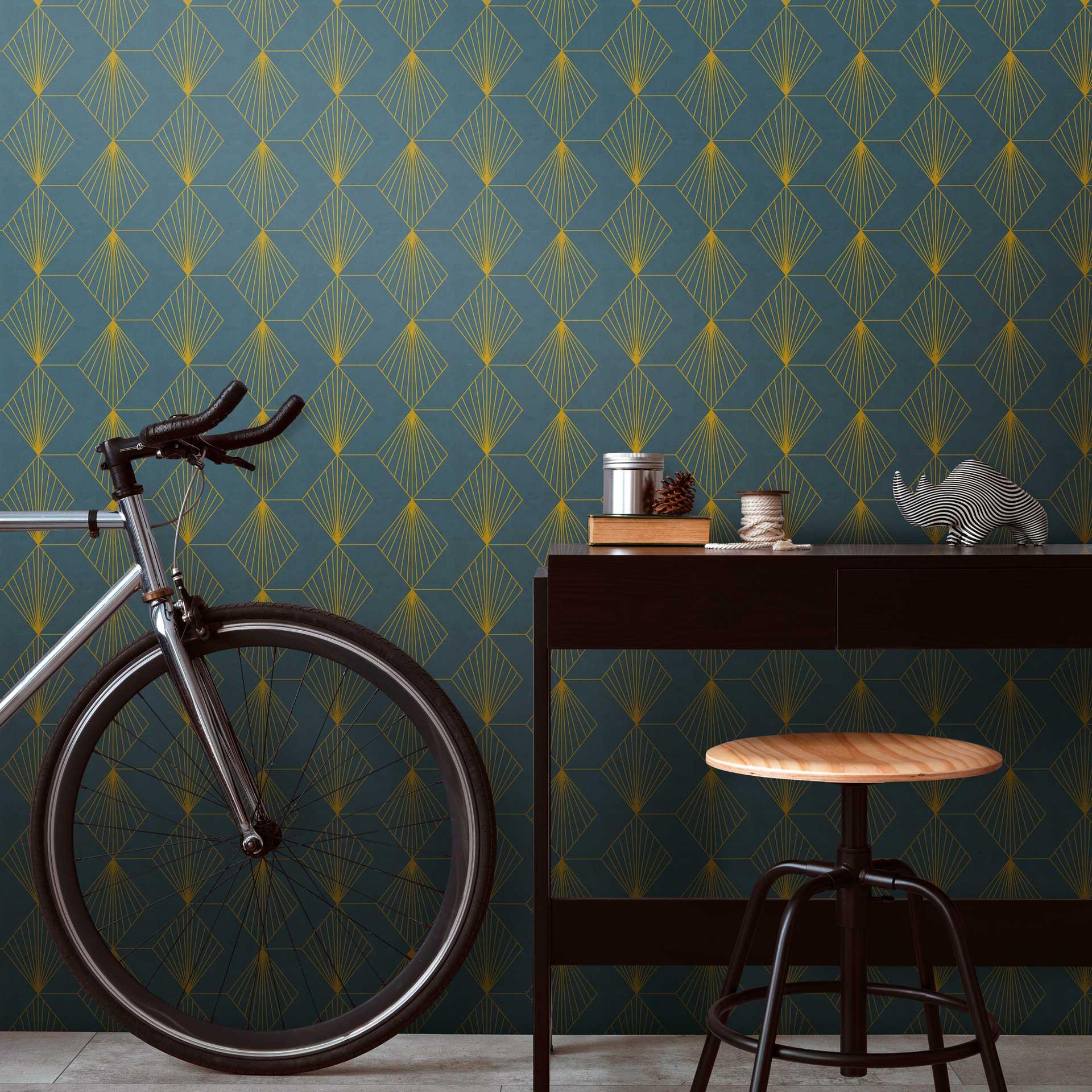 Geometrisk art deco-tapet mørkeblåt guld - moderne tapet med mønster - ikke-vævet tapet