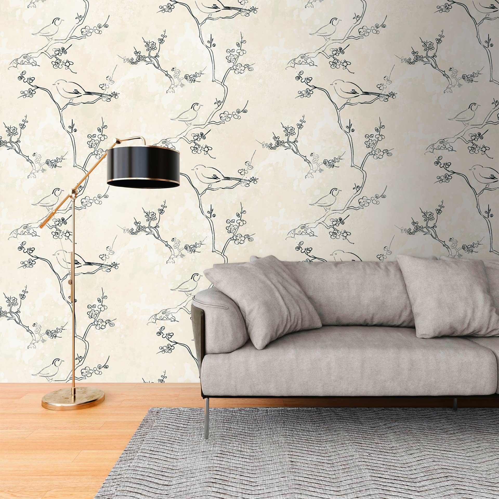 Fugletapet beige grå - ikke-vævet tapet med kviste til soveværelse og stue