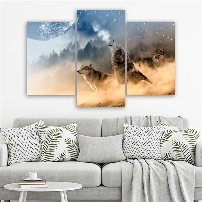 3-delige canvas print, Wolf Animals Forest Fog