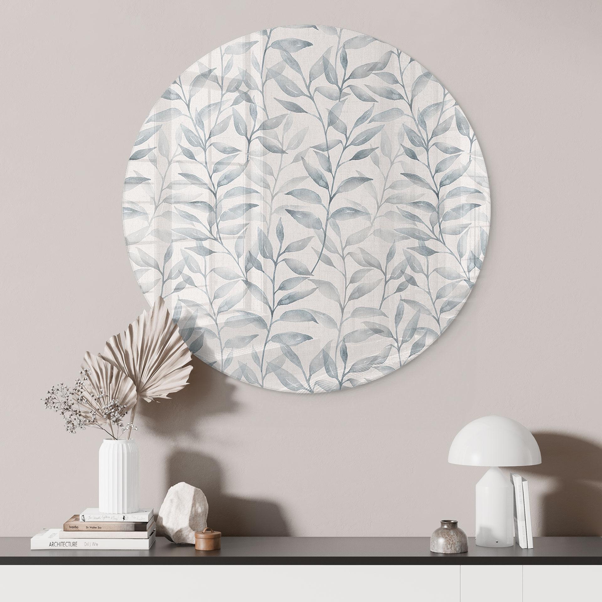 Glasbillede - Delicate Watercolour Leaves - Soft Grey - Bloomery Decor - Round
