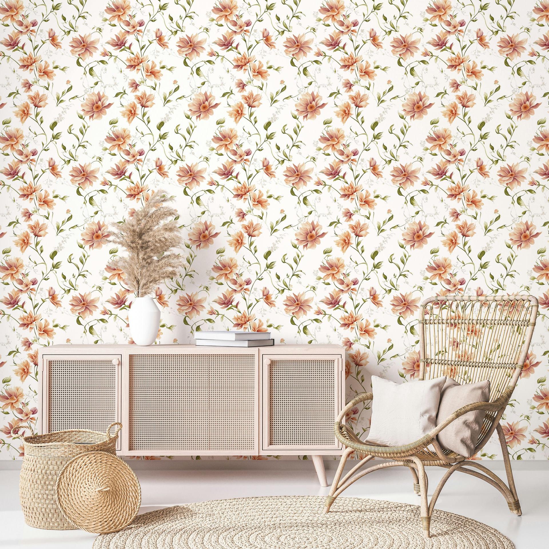 Vliesbehang bloemen, bladeren bloem natuur mat in wit oranje