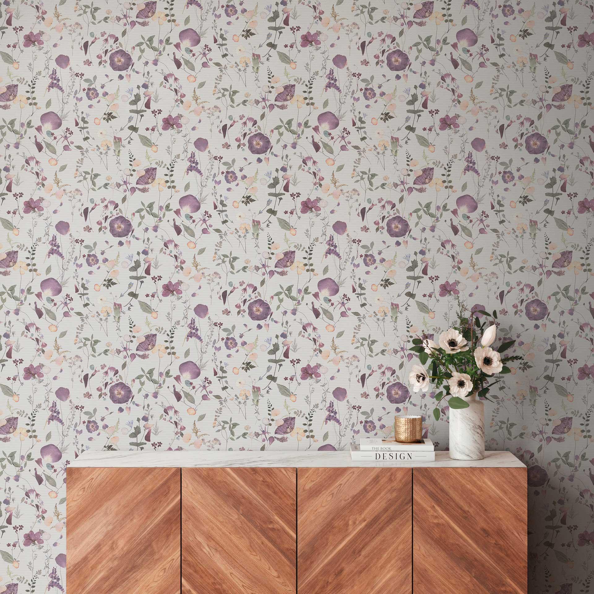 Blomstertapet blomster akvarel - Ikke-vævet tapet i lilla lilla beige - romantisk blomstertapet