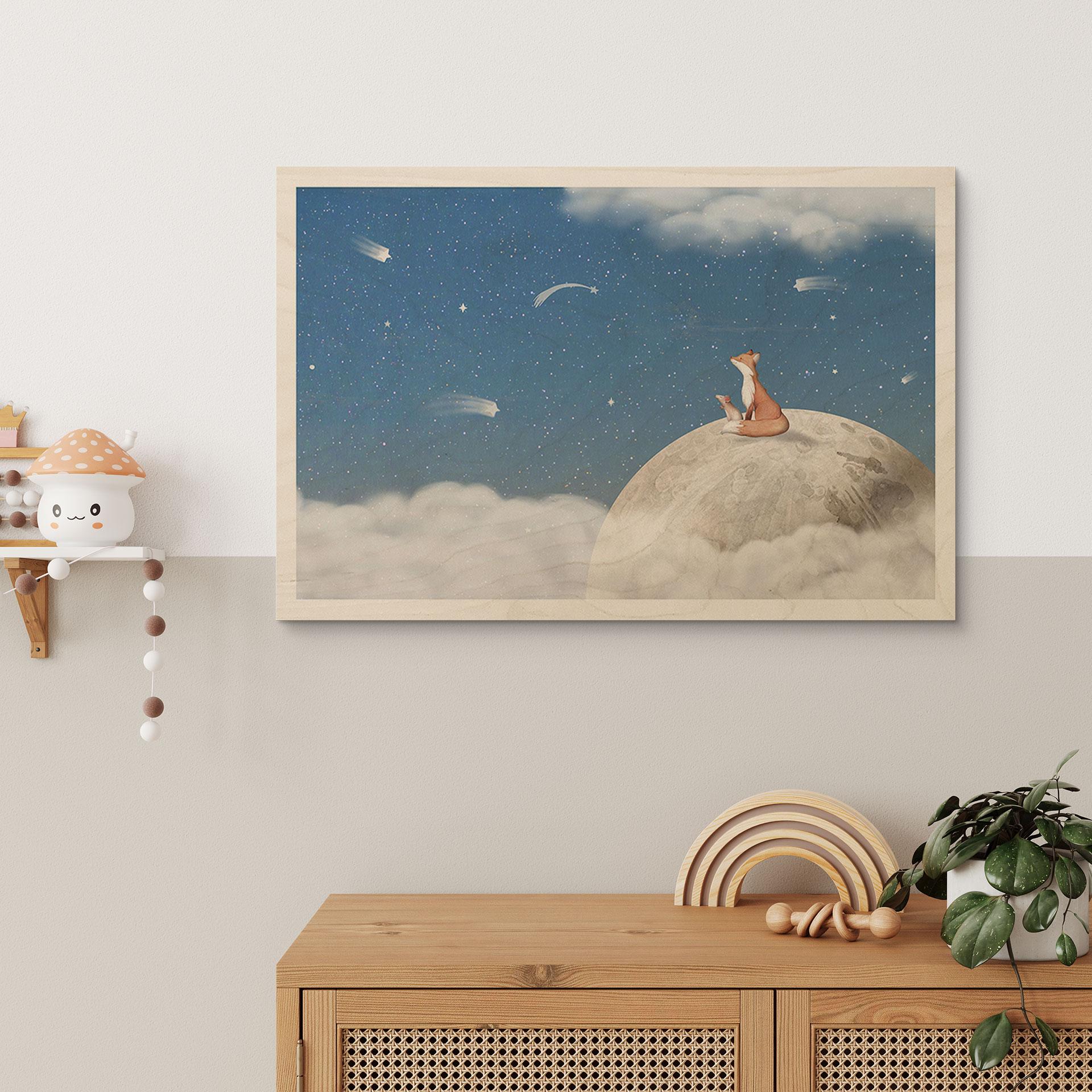 Holzbild Fuchs auf dem Mond mit Sternschnuppen - Oliver Robins