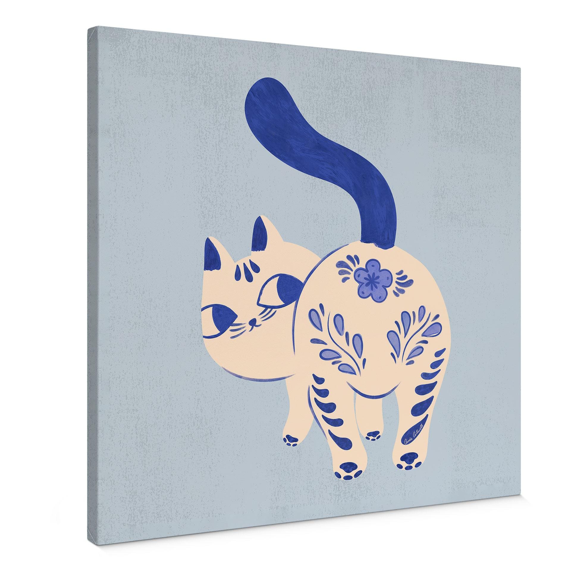 Tableau sur toile Chat en Porcelaine Bleu de Delft - Cantwell - Carré