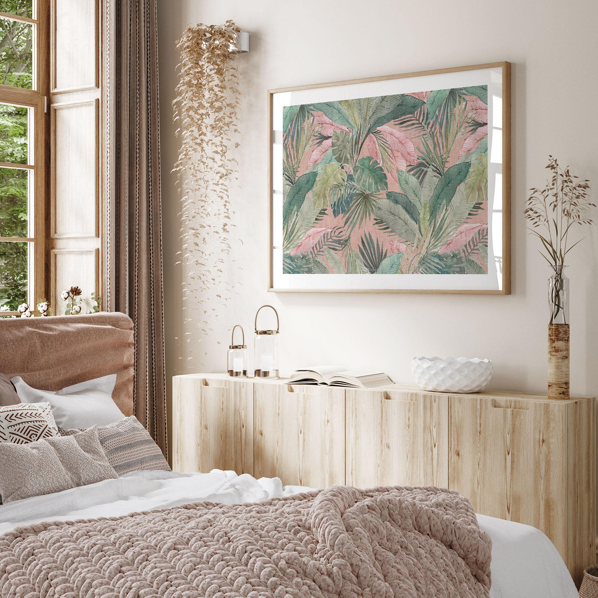 Plakat med tropiske blade i junglens lyserøde farve - Bloomery Decor