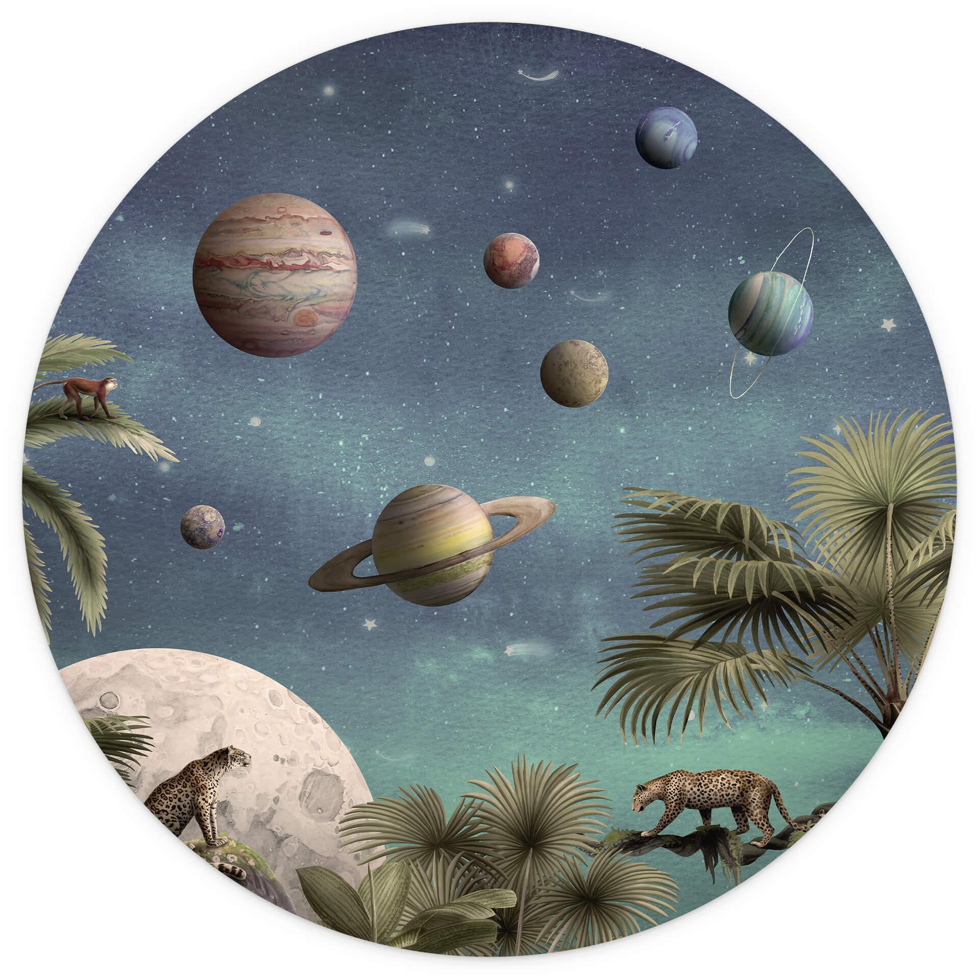 Kikki Belle - Tropische fantasiewereld met planeten en palmbomen - Rond - vliesbehang/zelfklevend vl