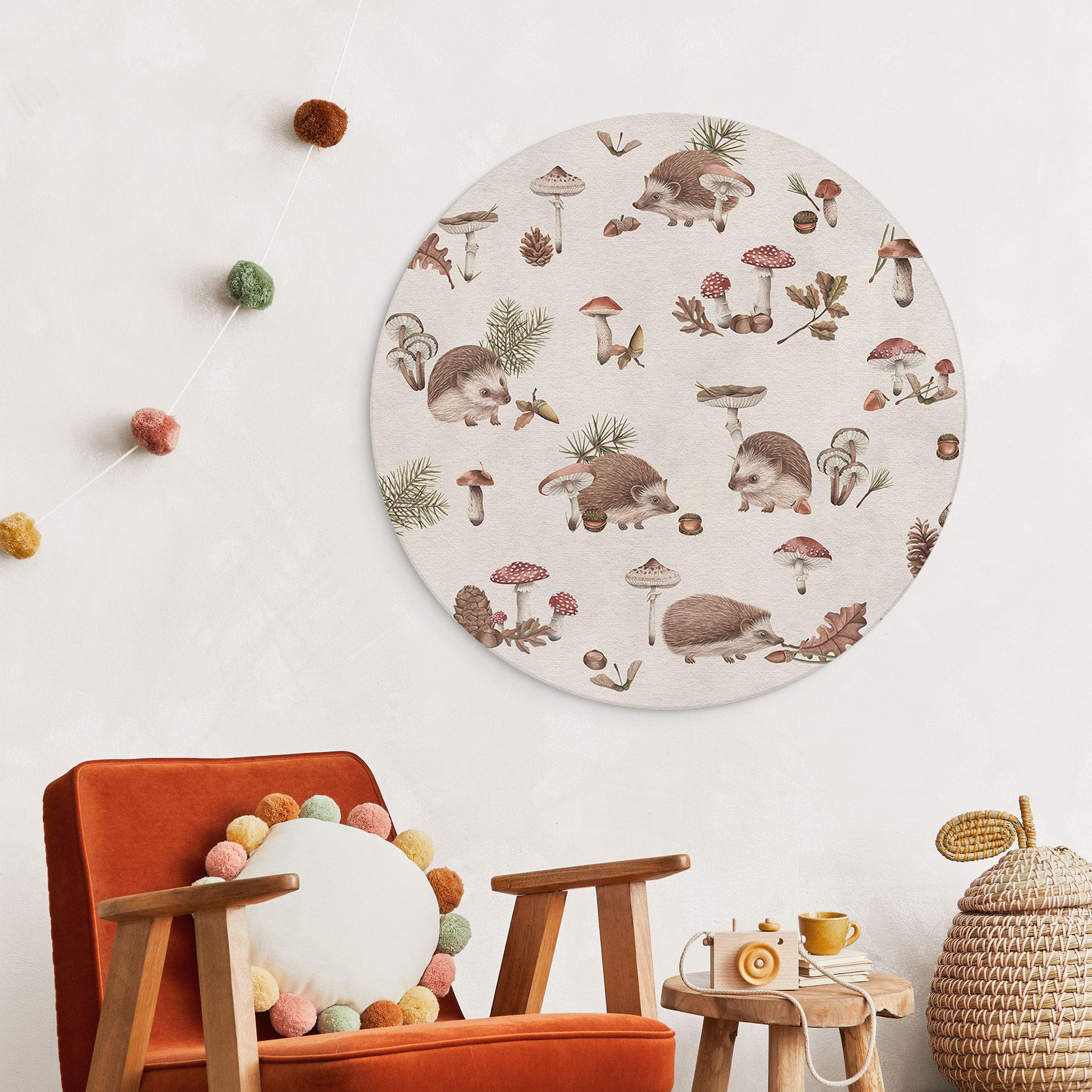Rundes Wandbild Süße Igel im Herbstwald - Alu-Dibond - Kikki Belle