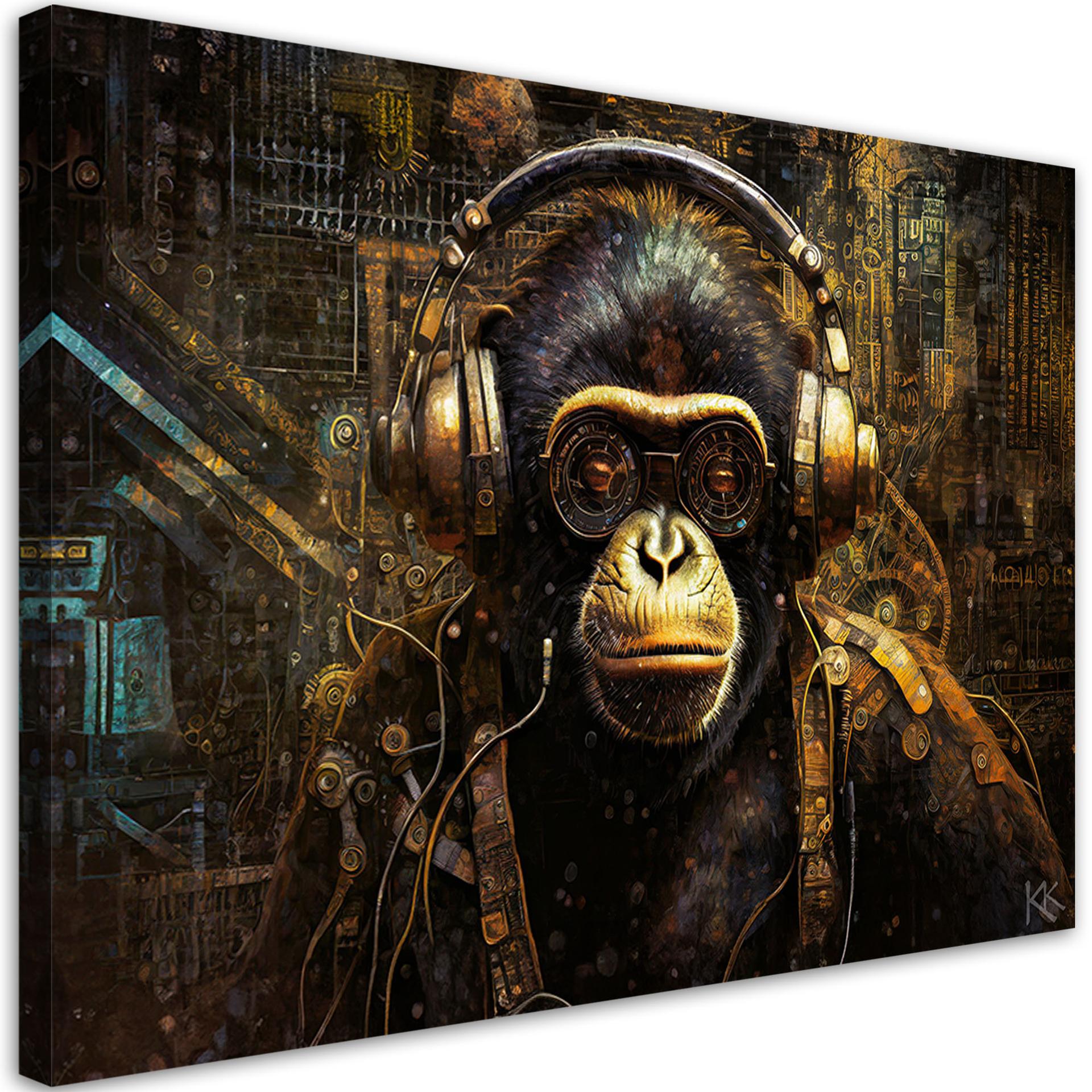 Canvasbillede, Chimpanse med hovedtelefoner