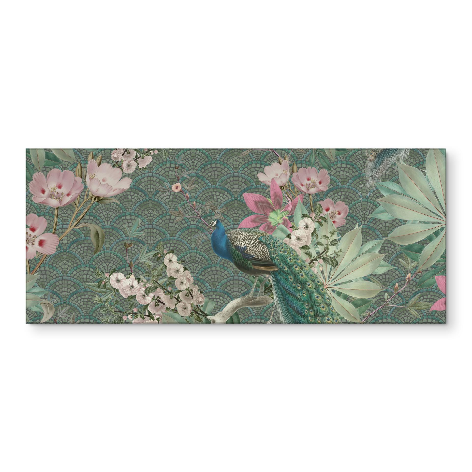 Stænkplade til køkken påfugl i tropisk have på mosaik - Bloomery Decor