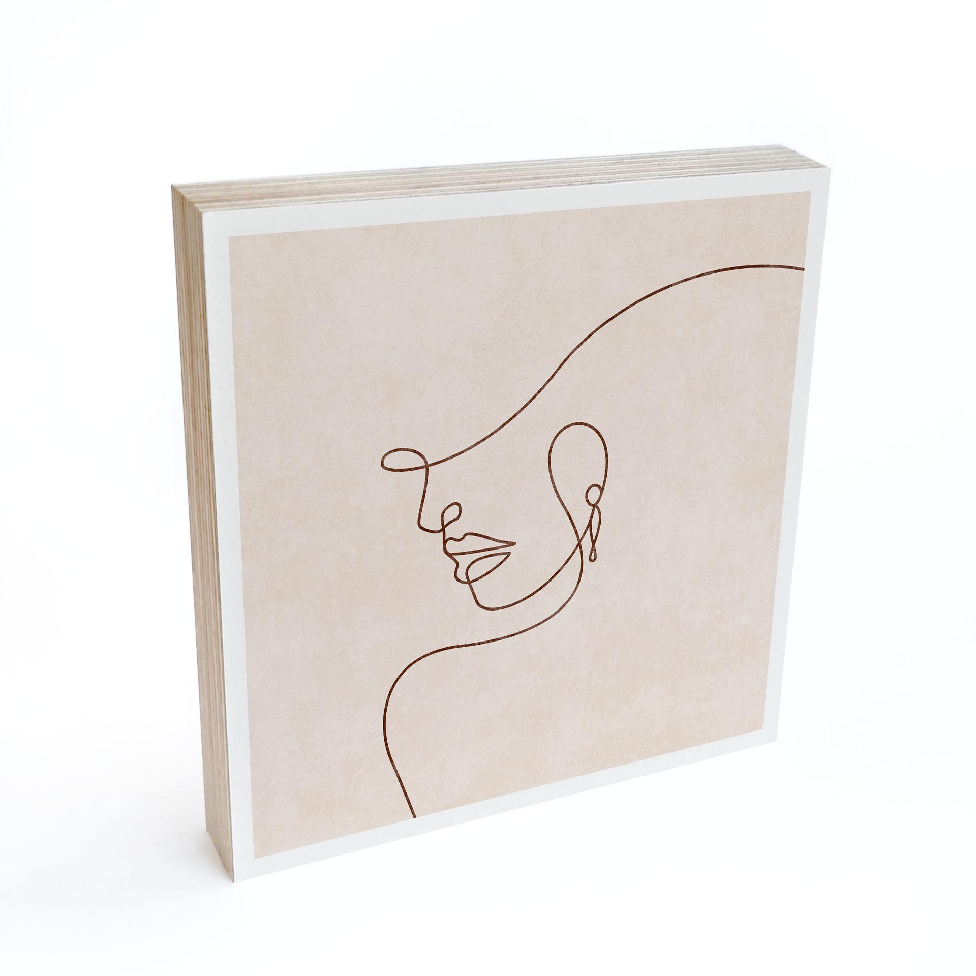 Billede af træ til at sætte op - Delikate konturer af en kvinde - Line Art - Tunaboylu - 15x15 cm