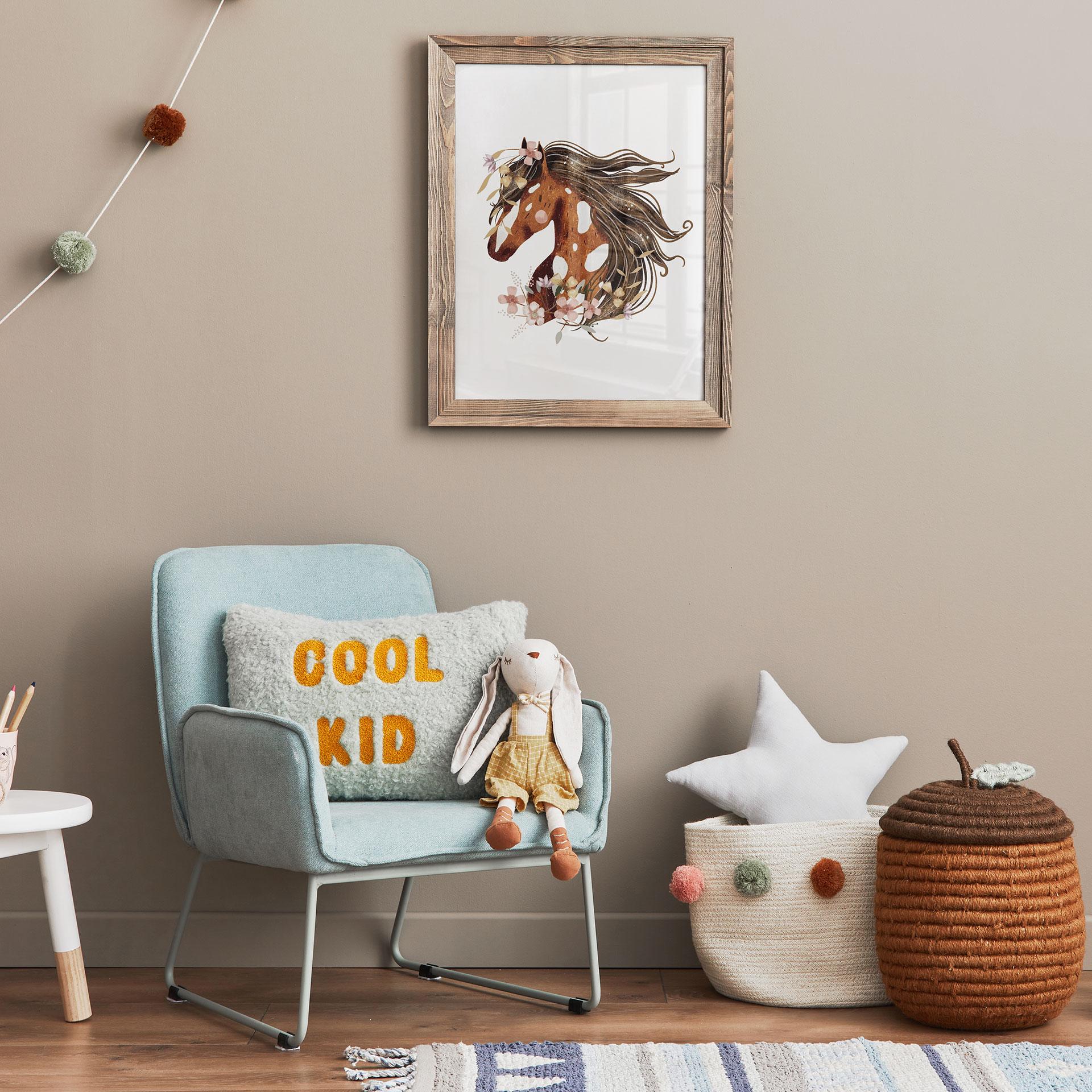 Boho hestehoved plakat med blomsterkrans | hestemotiv til børneværelset