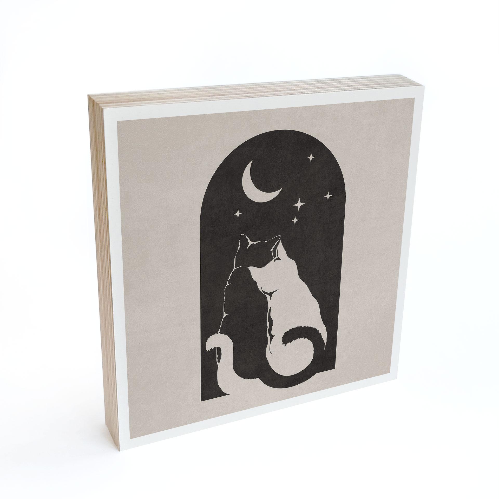 Billede af træ til at sætte op - To katte i måneskinnet - 15x15 cm