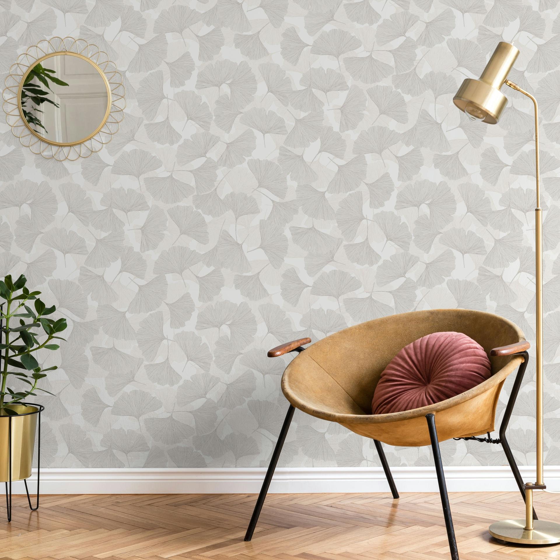 Ikke-vævet tapet 3D, blade blomster natur mat i grå beige