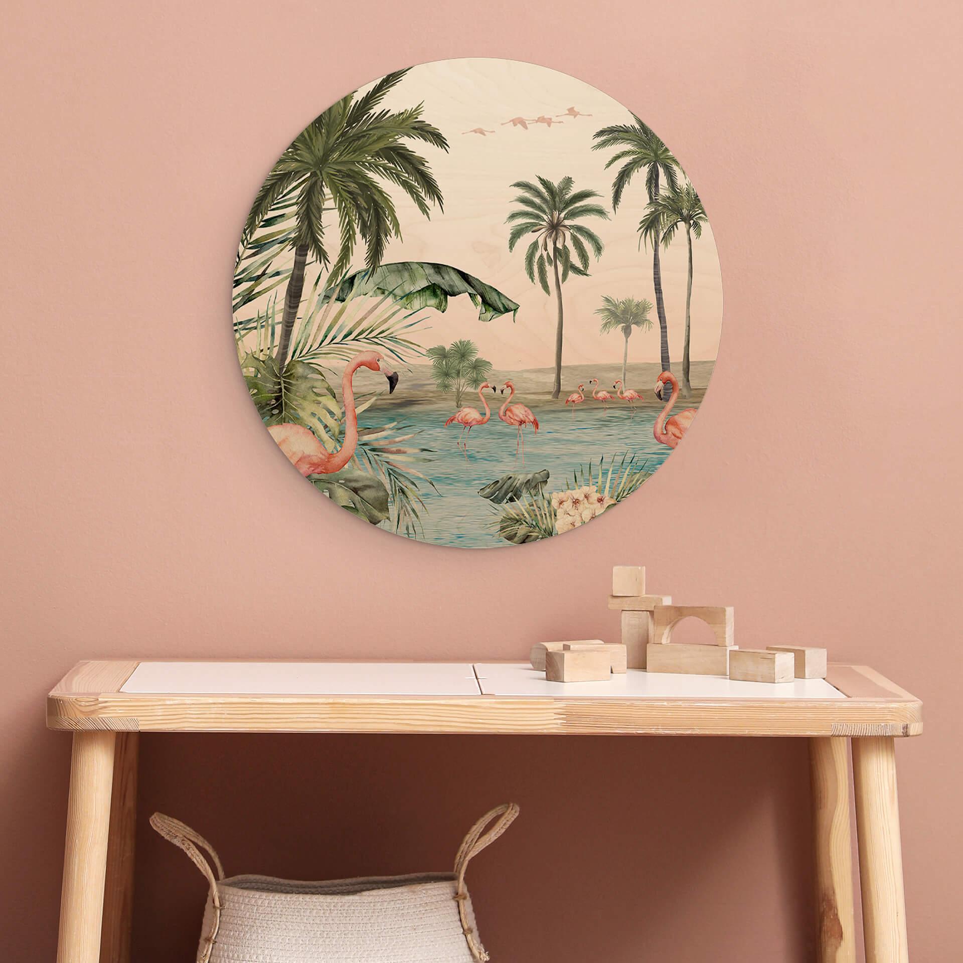 Obraz drewniany Kikki Belle - Flamingo Oasis - okrągły