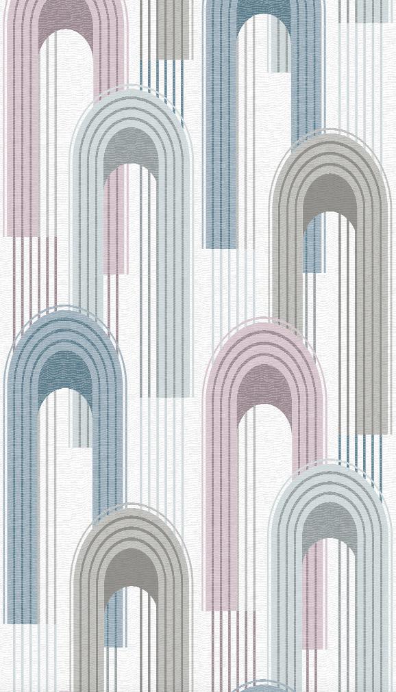 Non-woven tapet med rundbue-motiver i grå, beige, blå grafik