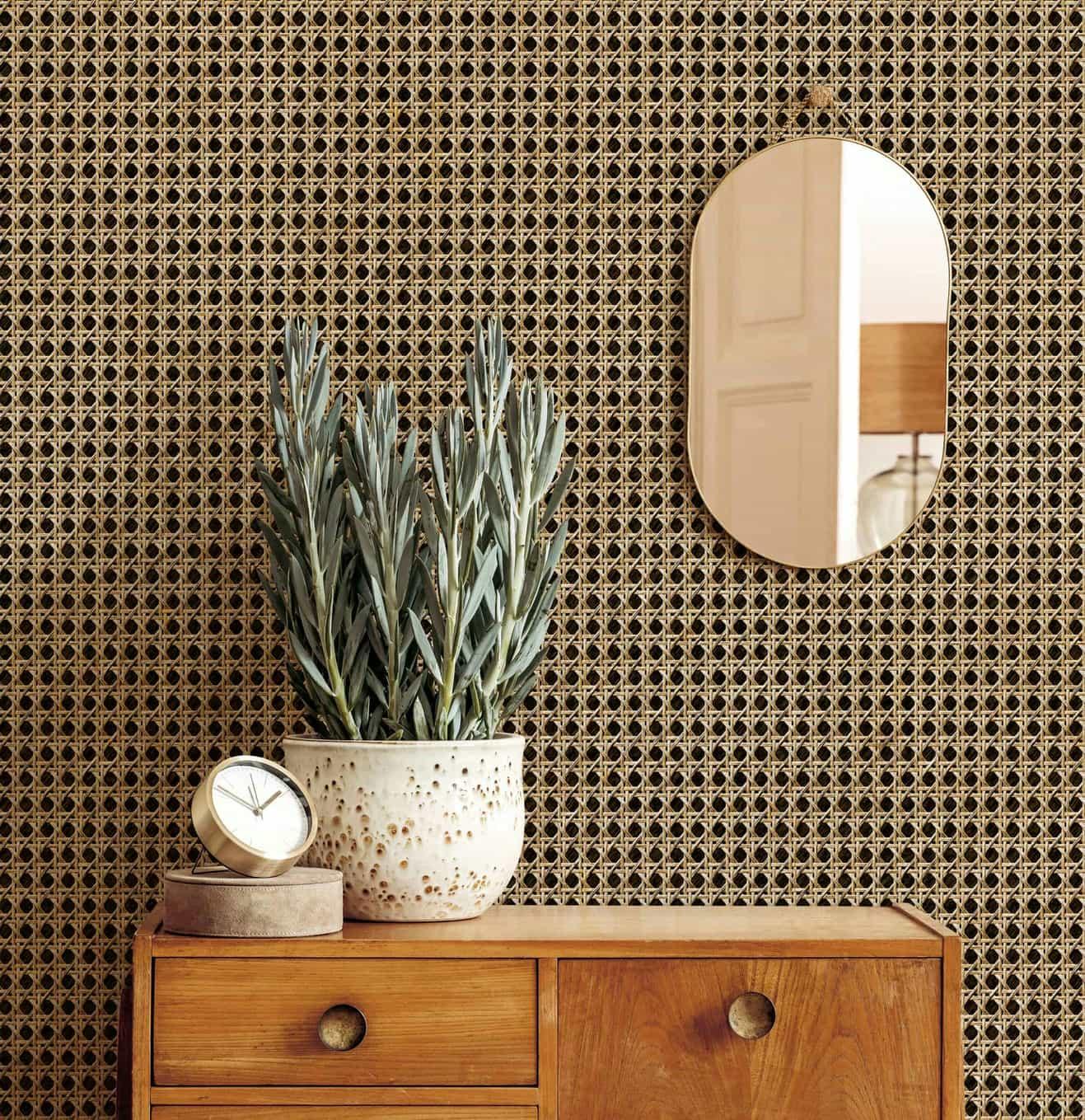 vliesbehang in houtlook en geweven look bruin, beige houtlook
