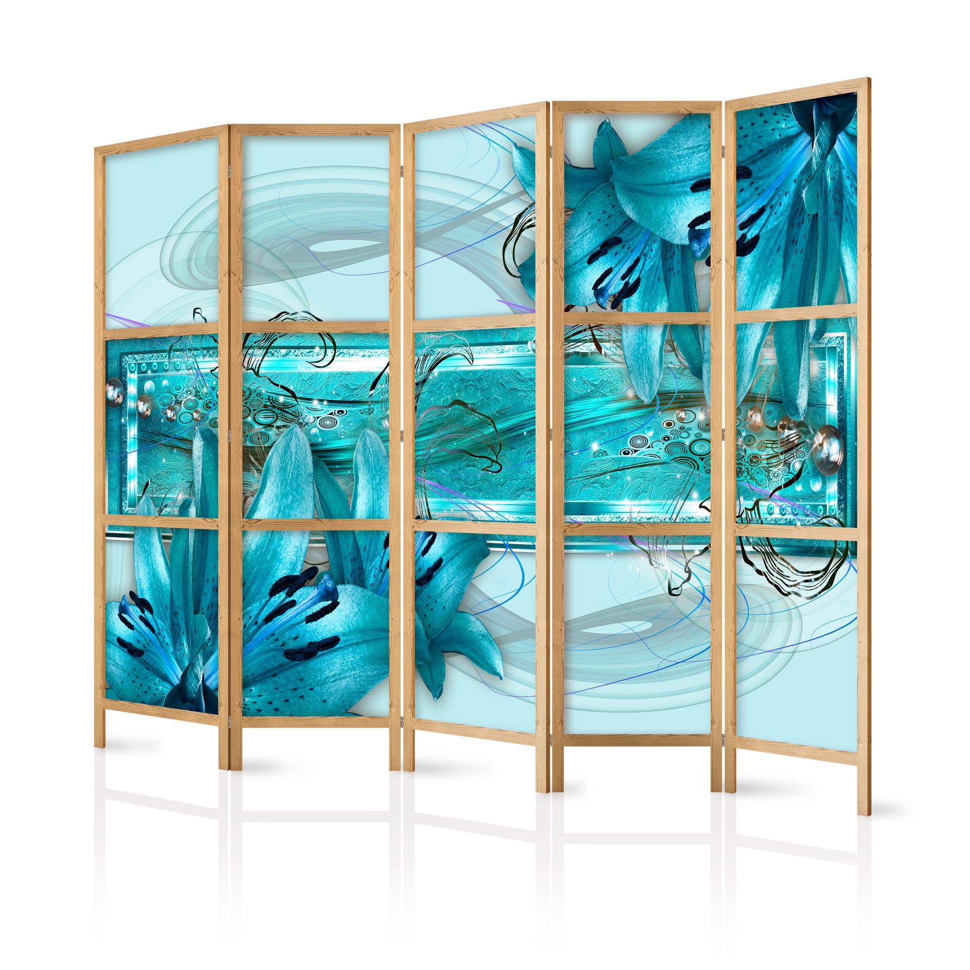 Parete divisoria giapponese - Gigli in blu chiaro, 3 pezzi
