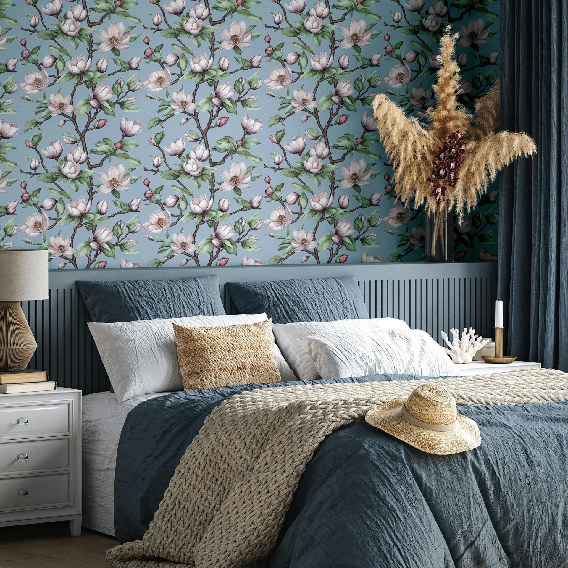 Vliesbehang takken, bloemen bloemen natuur mat in blauw paars