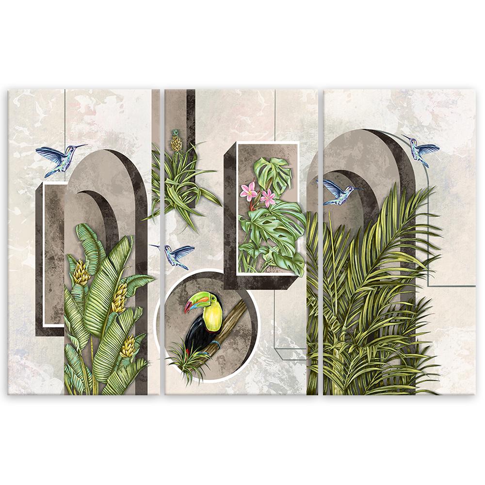 Lærred print 3 stykker, former i væggen med planter og fugle Toucan Koliber