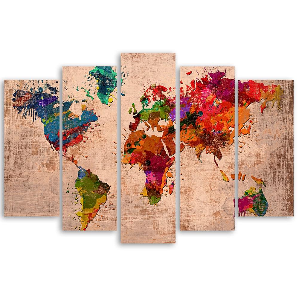 5-delige canvas print kleurrijke wereldkaart