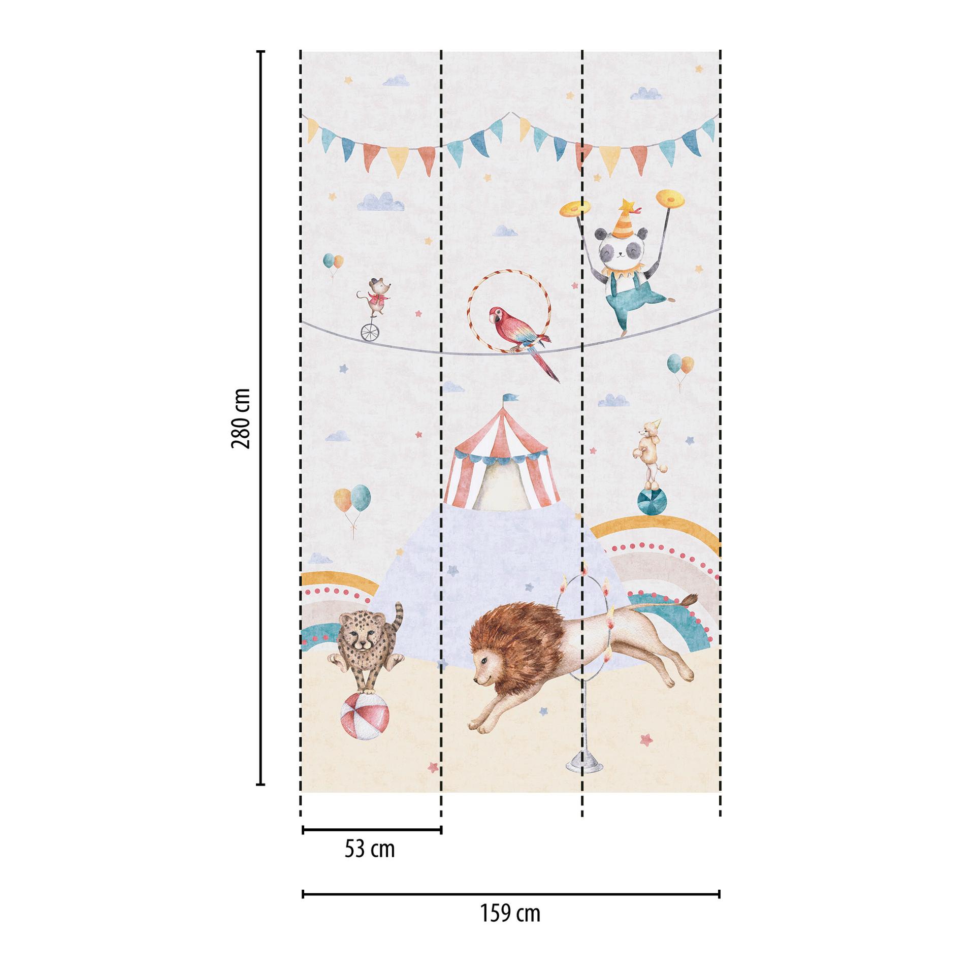 Fotobehang voor kinderkamer kleurrijk - dieren en circustent - Vliesbehang 159x280cm