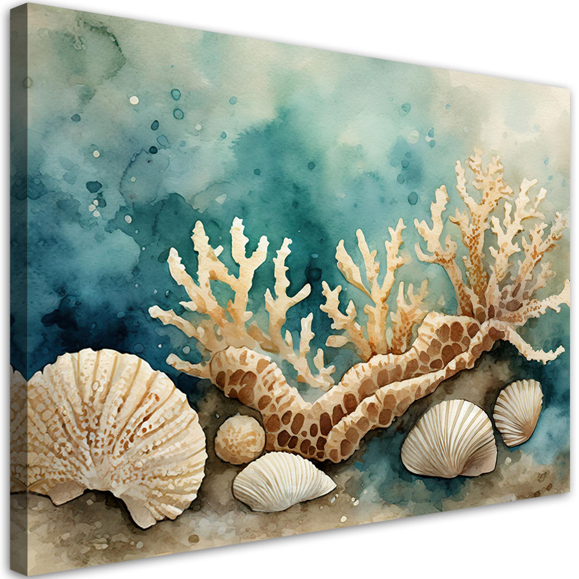 Leinwandbild Muscheln und Seesterne türkis