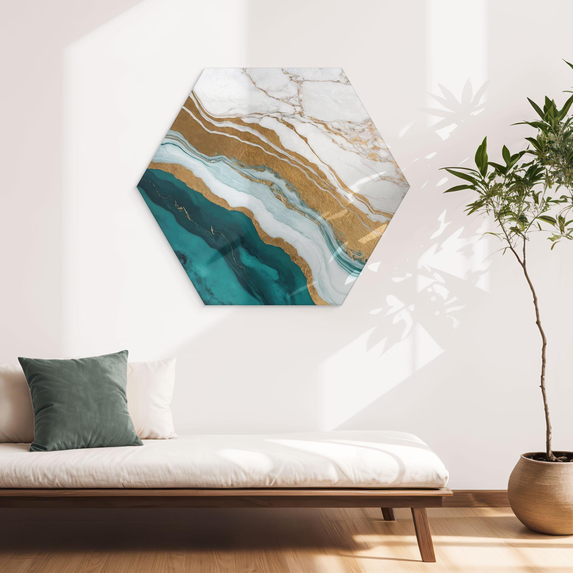 Sekskantet billede Marmorflod af guld og jade - Alpenglow Workshop - Alu-Dibond