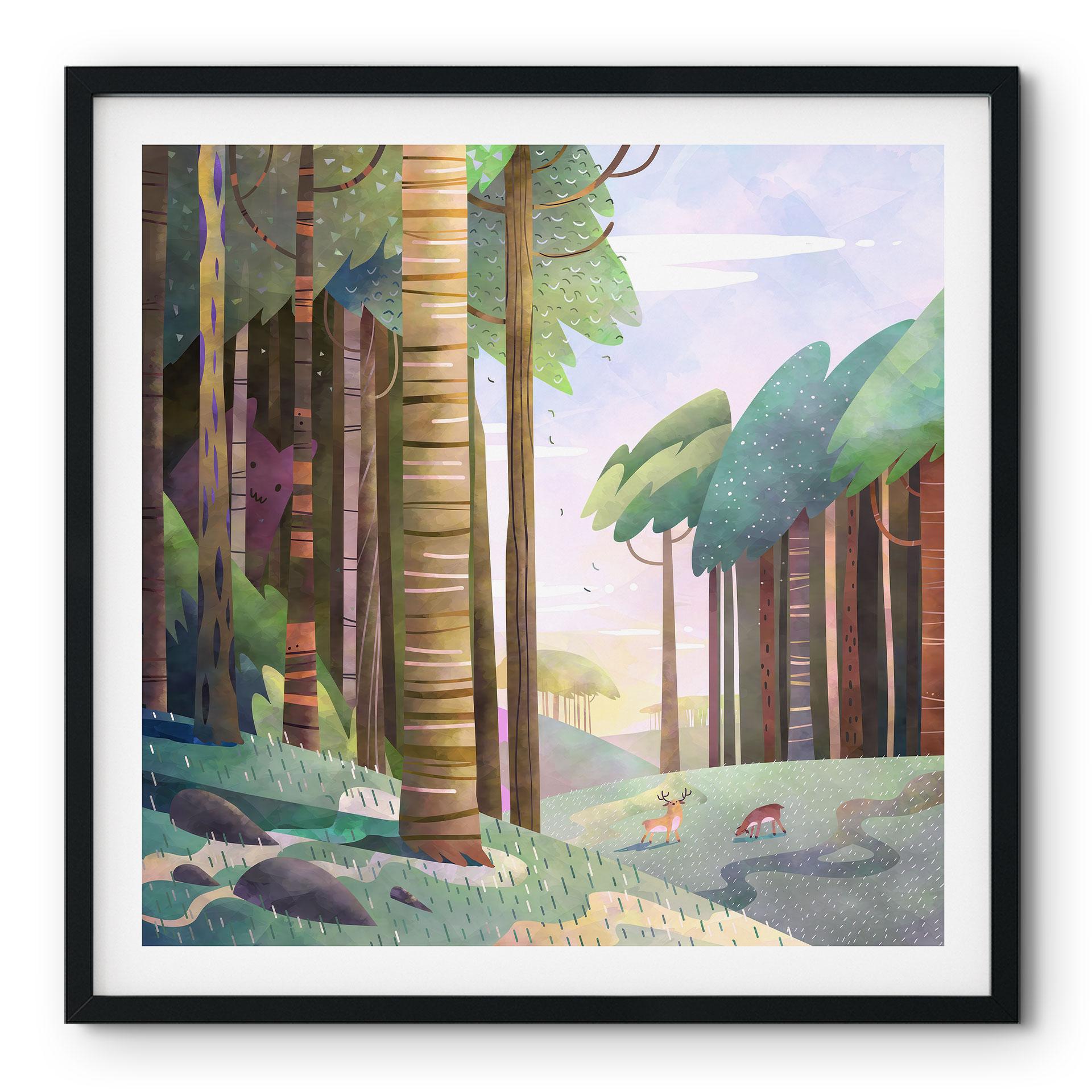 Plakat Solrig skov med hjorte - DigitalArtsi