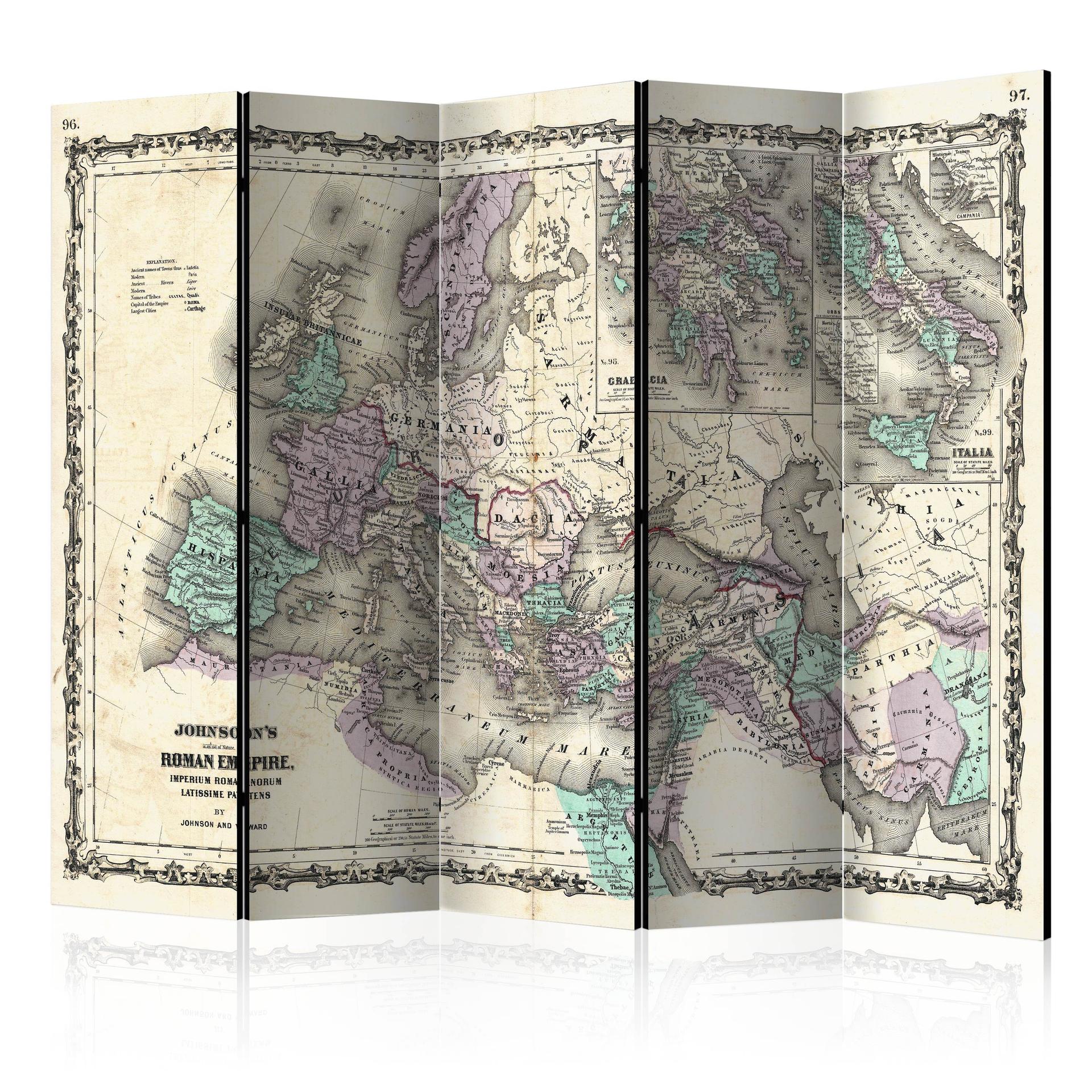 Skærm til rumopdeling - Verdenskort - Den romerske odyssé, 5-delt - 225x172 cm