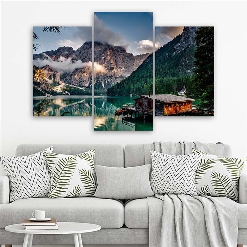 3 stykke lærredstryk, Hut Mountains Lake Landscape