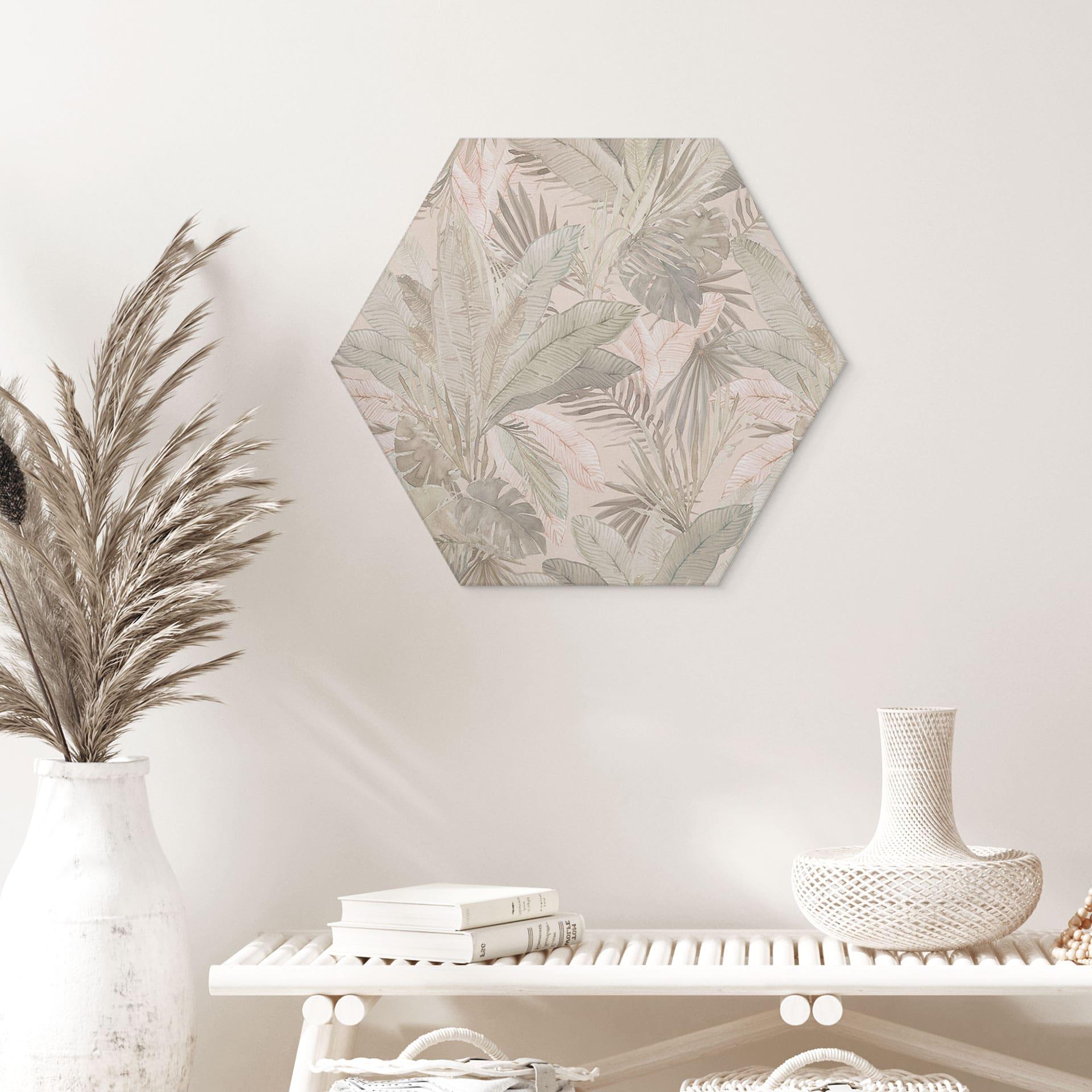 Sekskantet billede med tropiske blade i junglens pastel - Bloomery Decor - aluminium dibond