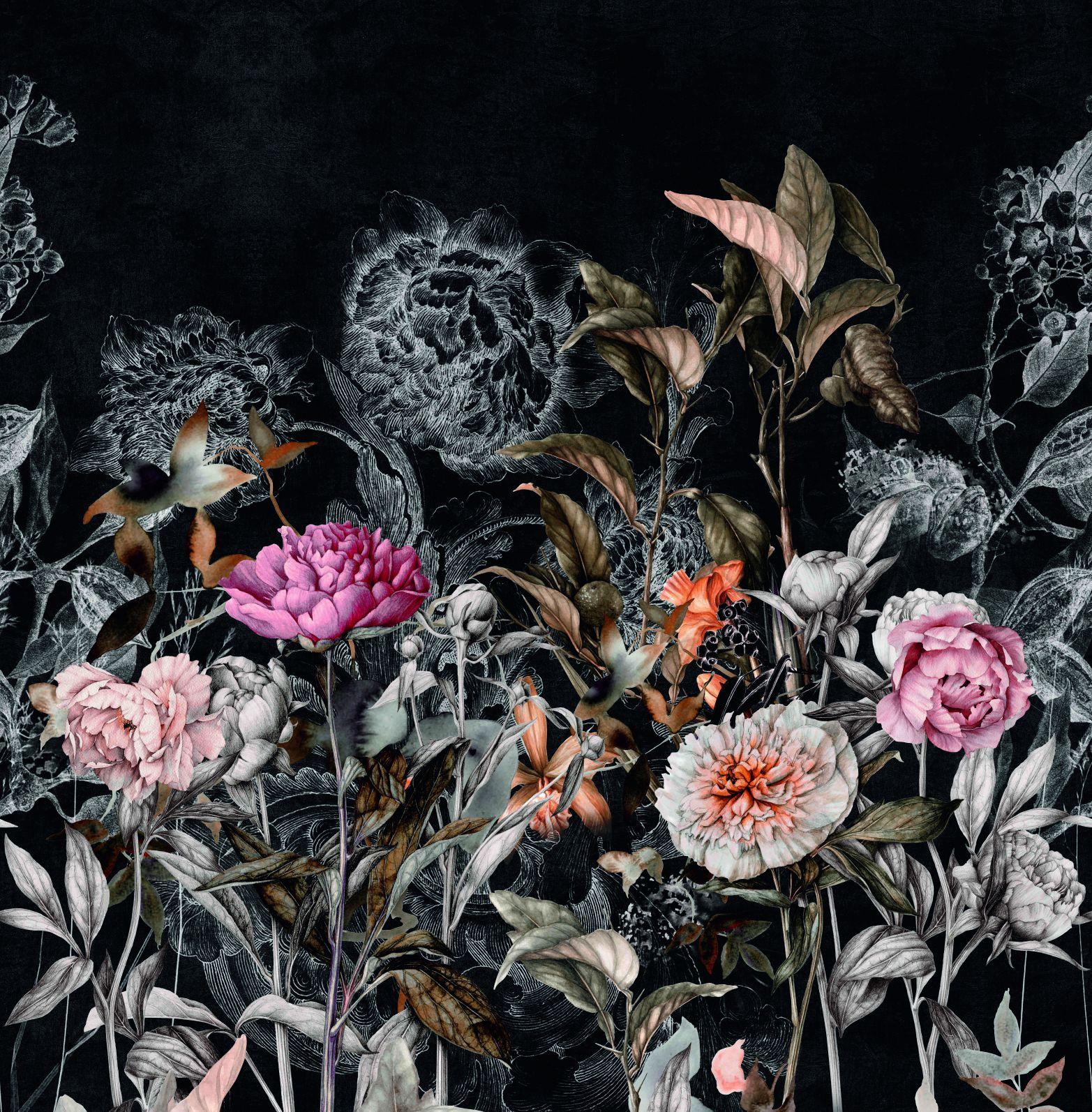 Fototapet med motiv af mørke blomster vintage blomster i sort med rosé 2,7 x 2,65 m